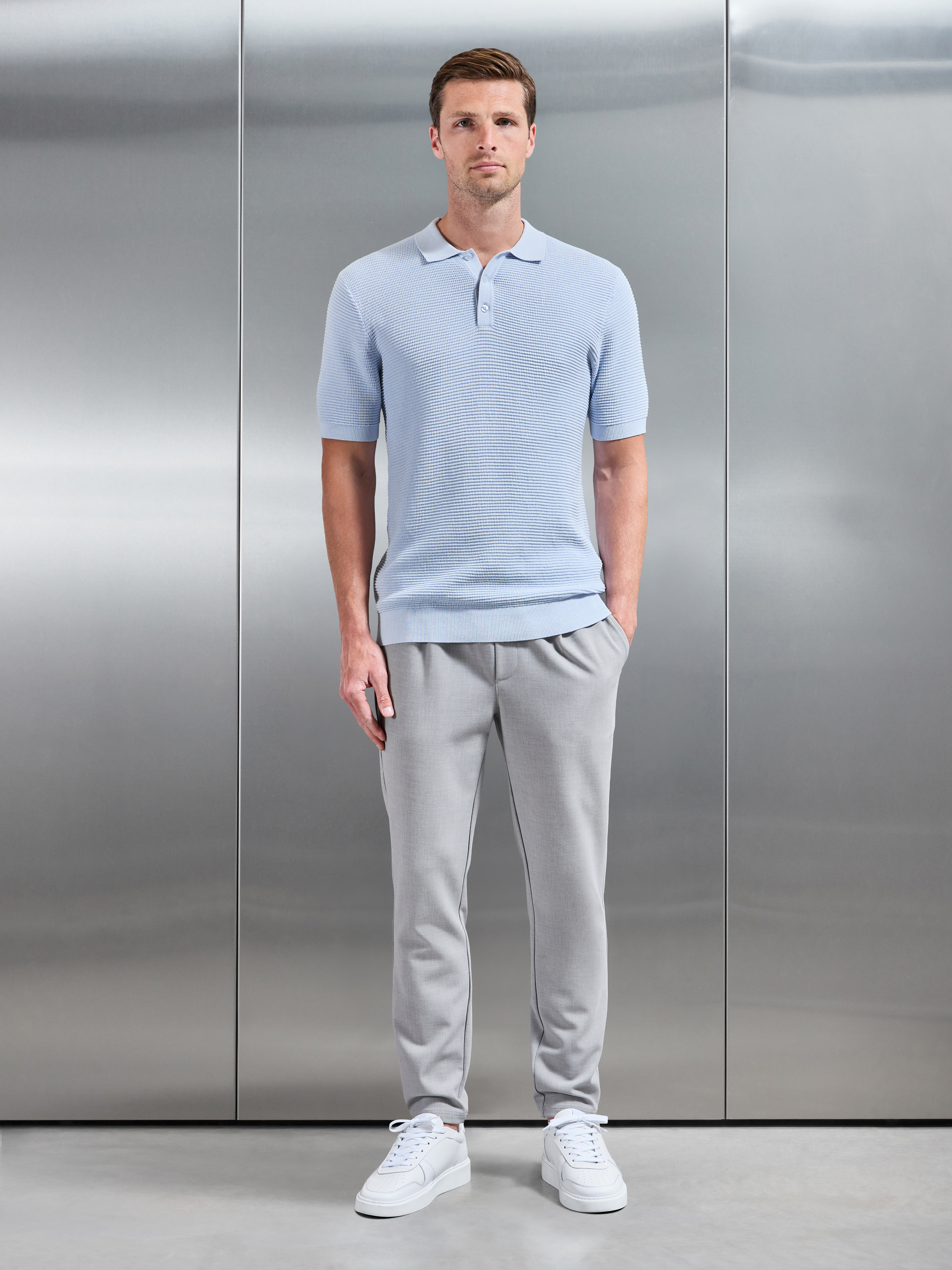 Ribbed Button Polo Shirt in Light Blue