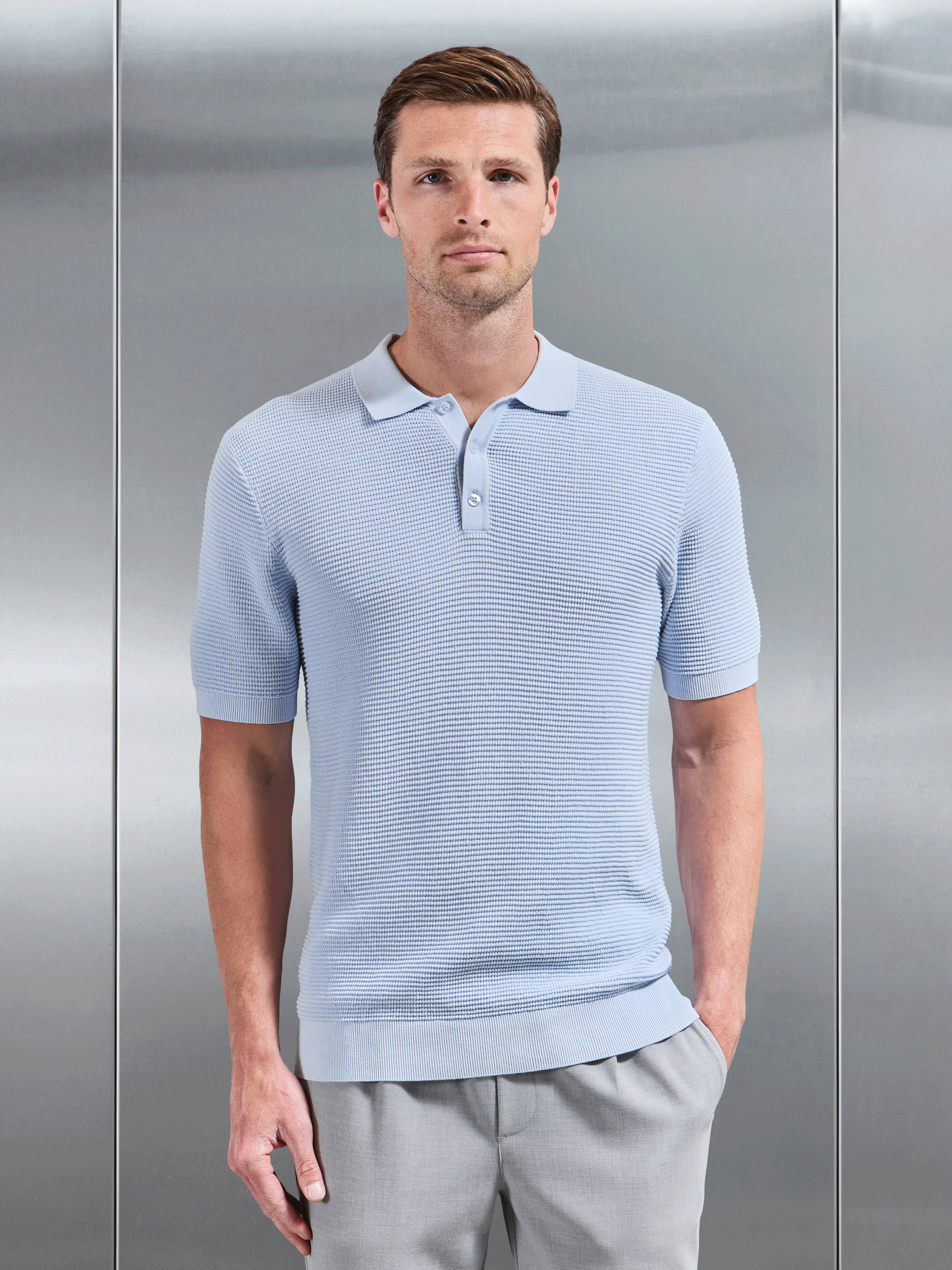 Ribbed Button Polo Shirt in Light Blue