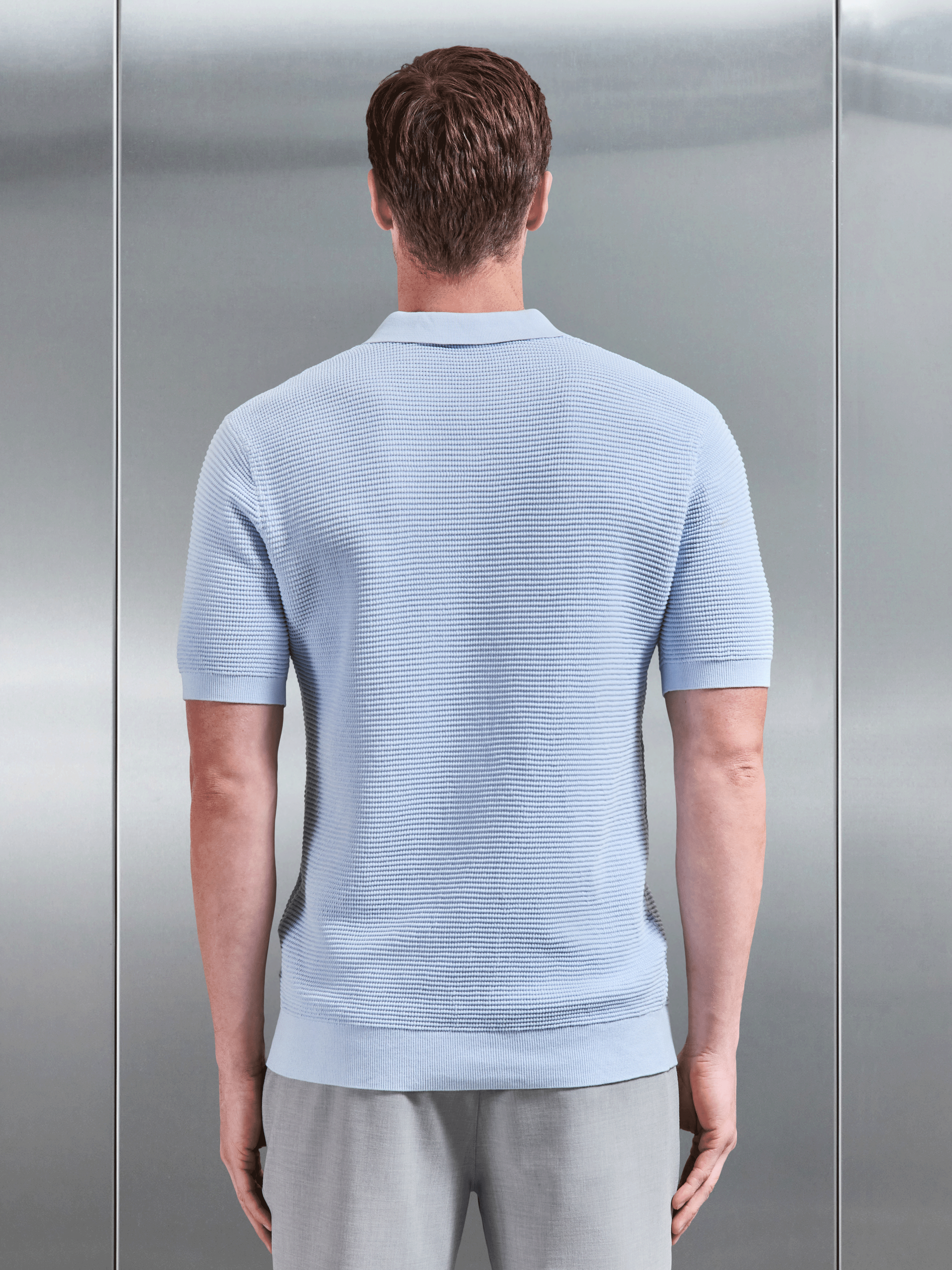 Ribbed Button Polo Shirt in Light Blue