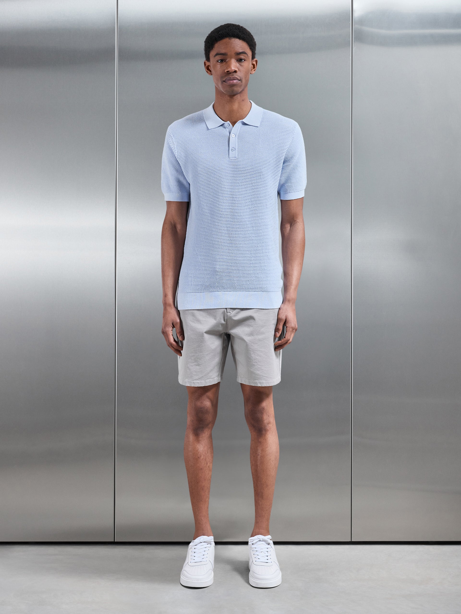Ribbed Button Polo Shirt in Light Blue