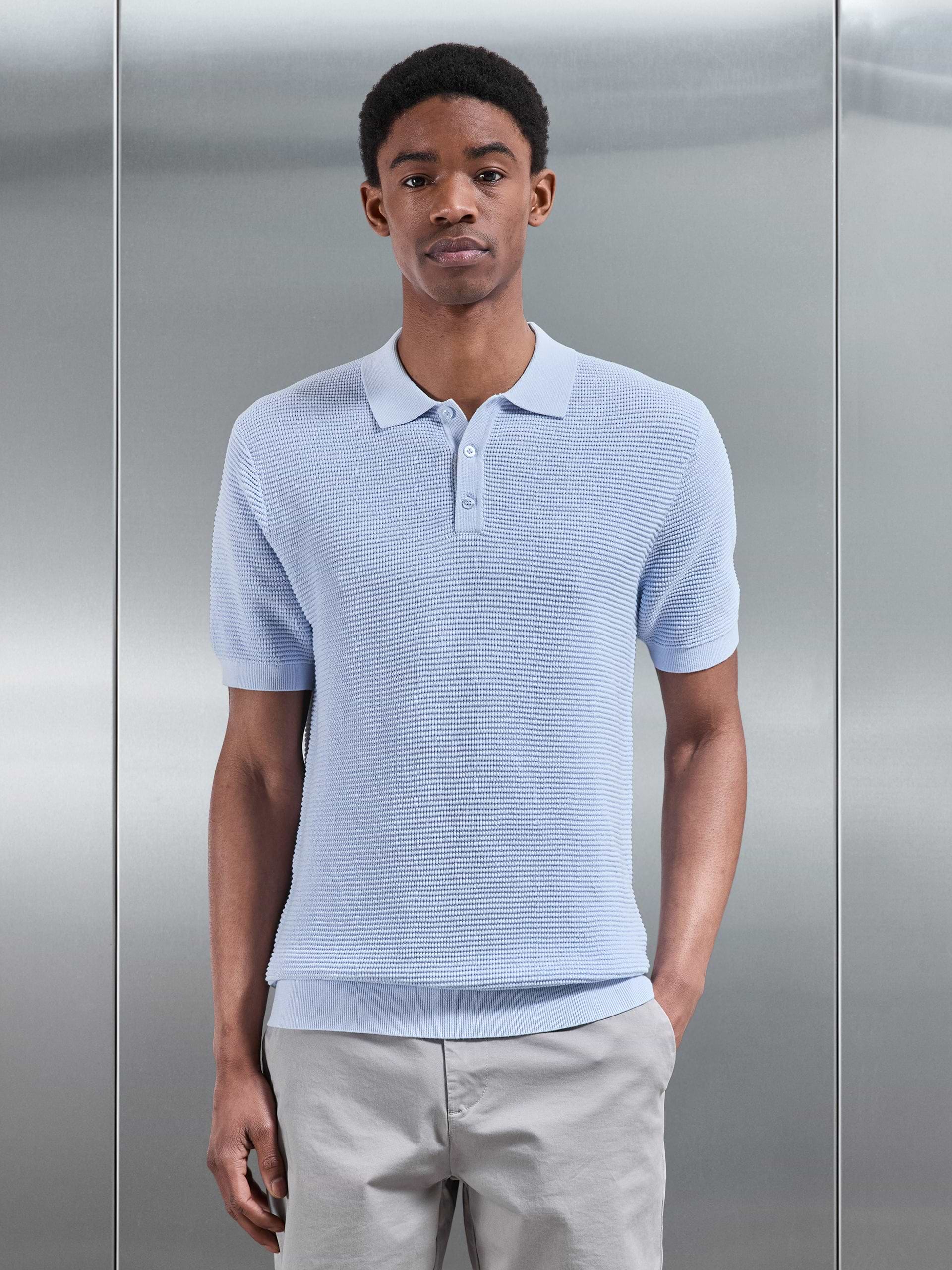 Ribbed Button Polo Shirt in Light Blue