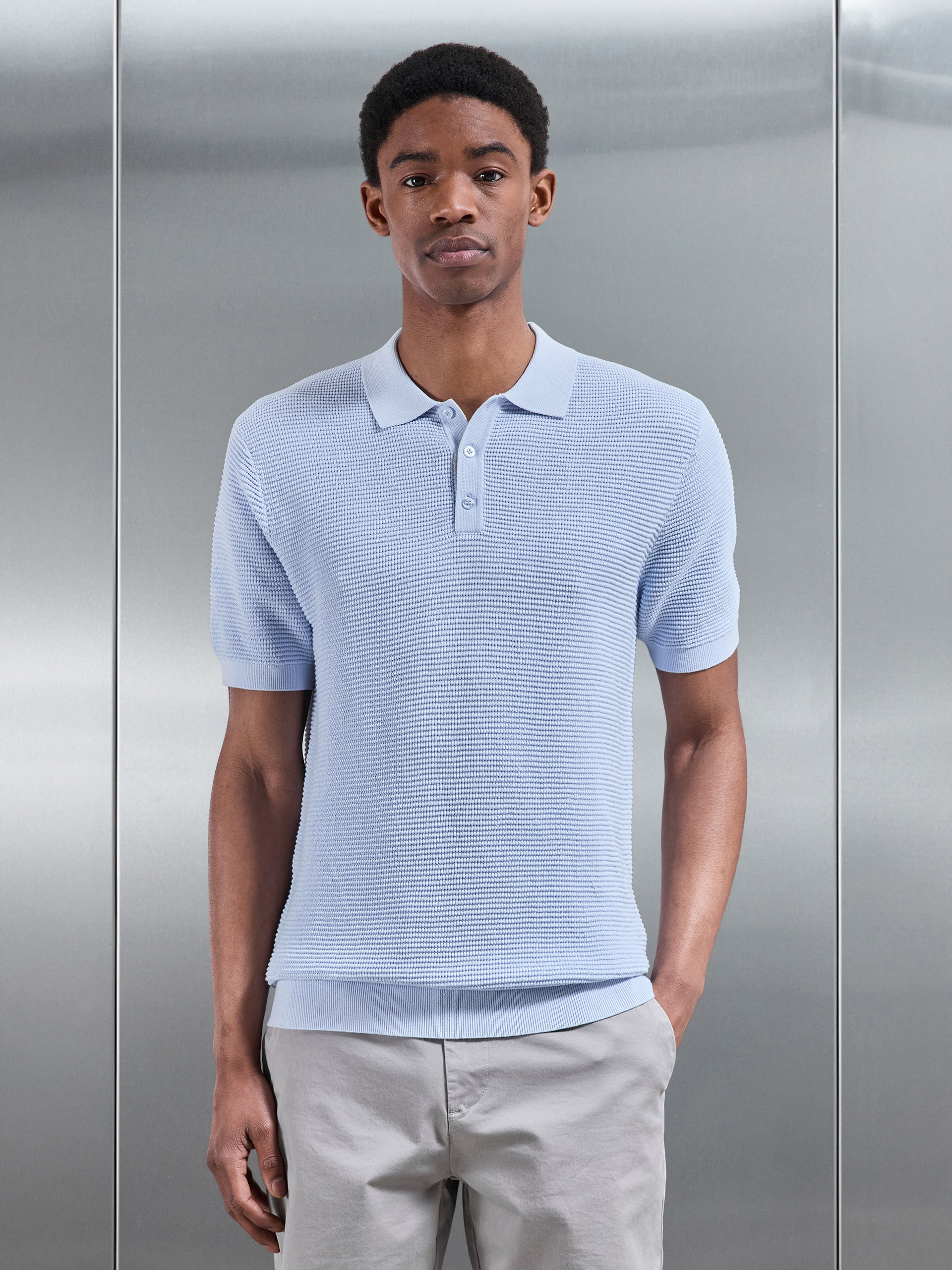 Ribbed Button Polo Shirt in Light Blue