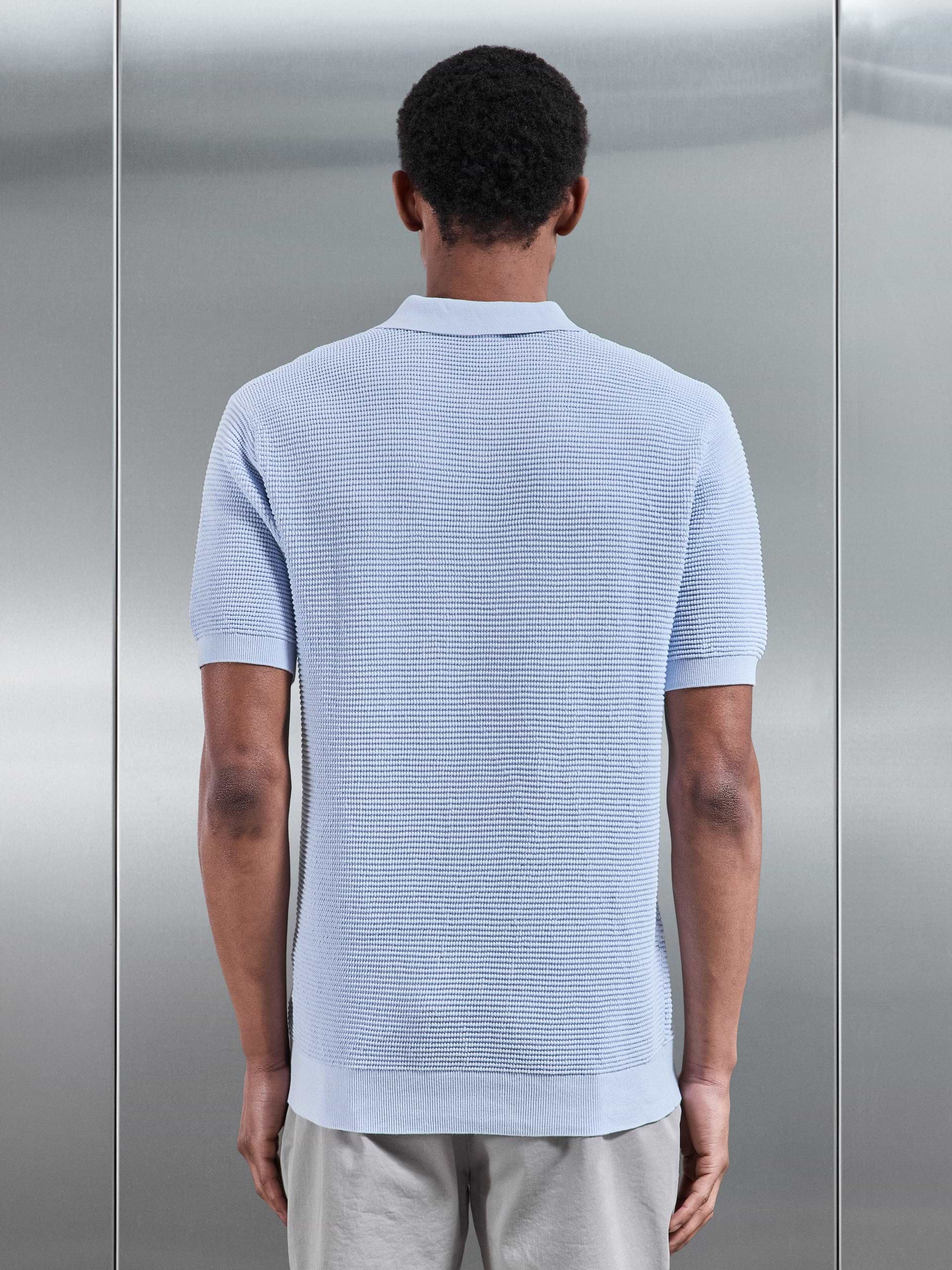 Ribbed Button Polo Shirt in Light Blue