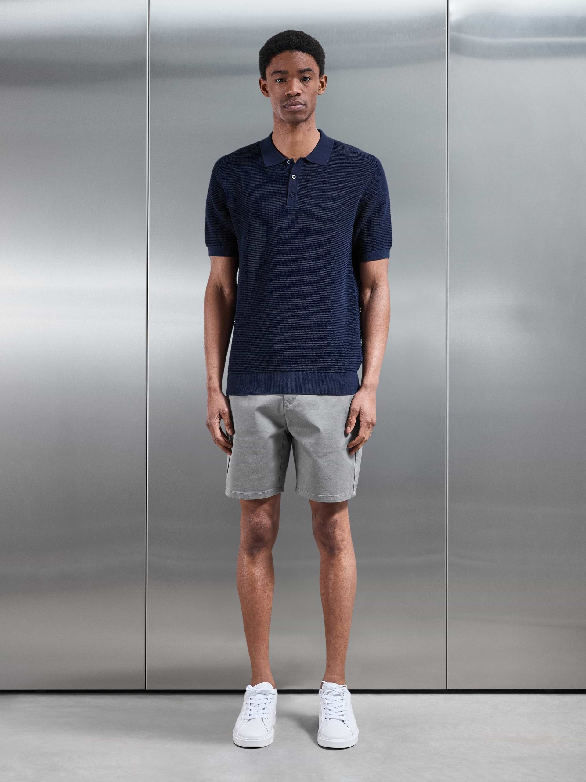 Ribbed Button Polo Shirt in Navy