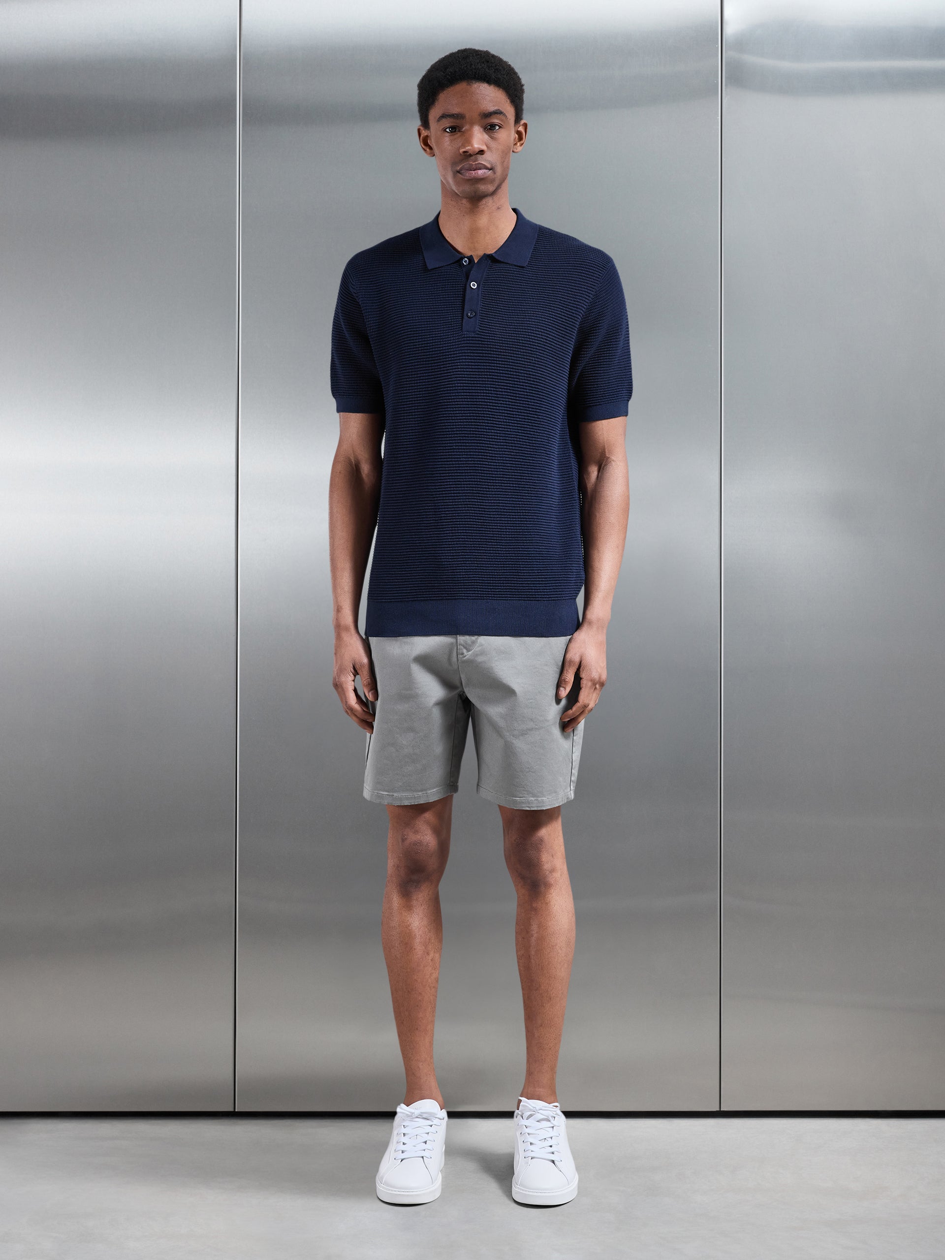 Ribbed Button Polo Shirt in Navy