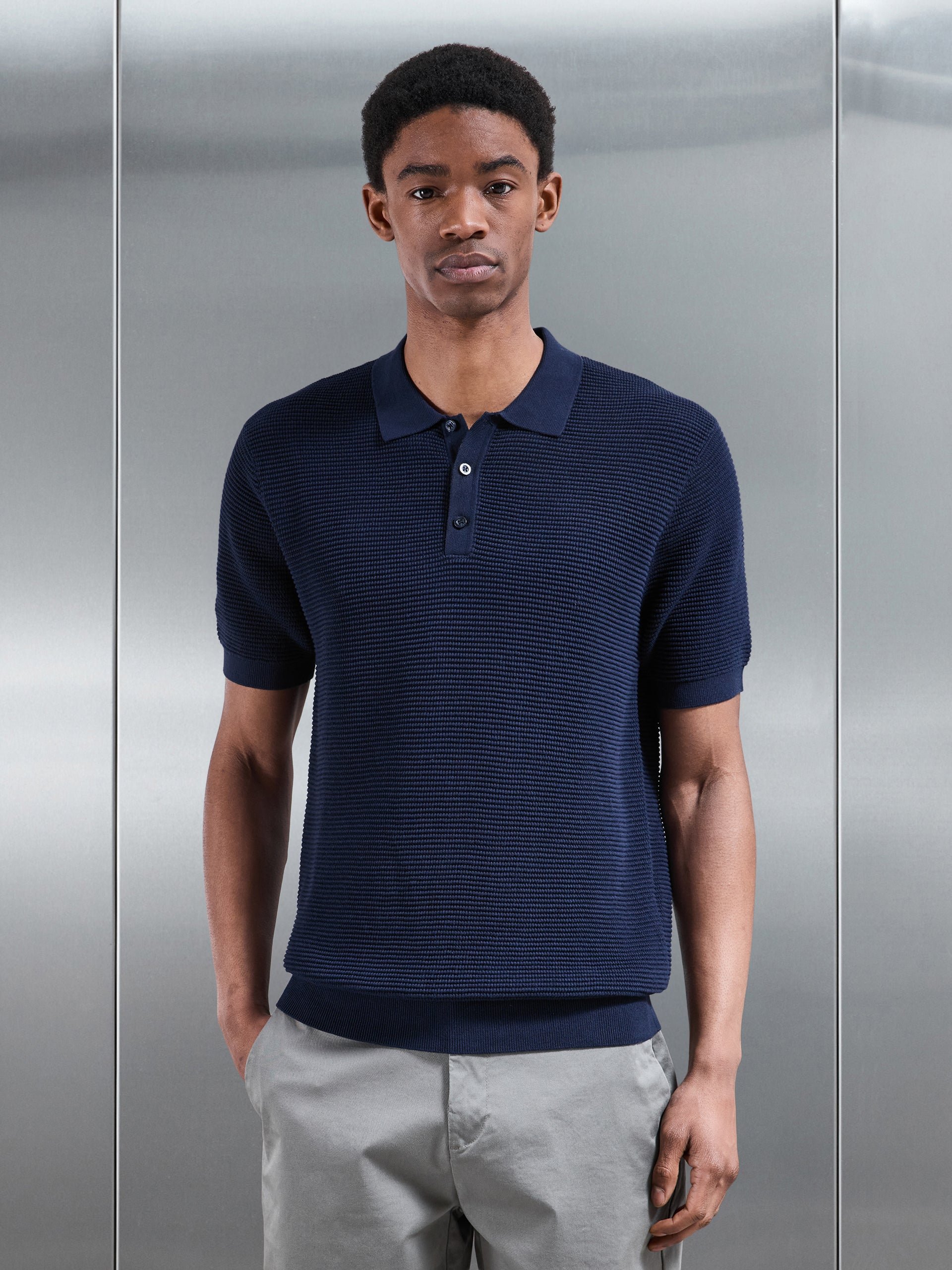 Ribbed Button Polo Shirt in Navy
