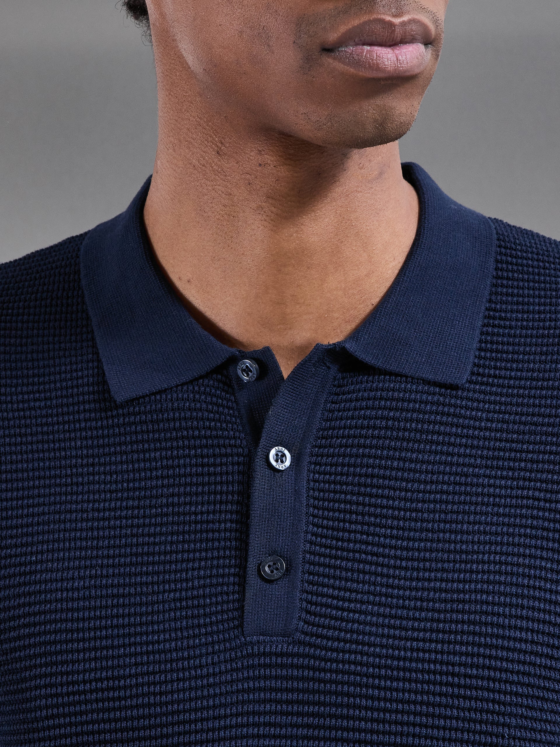 Ribbed Button Polo Shirt in Navy