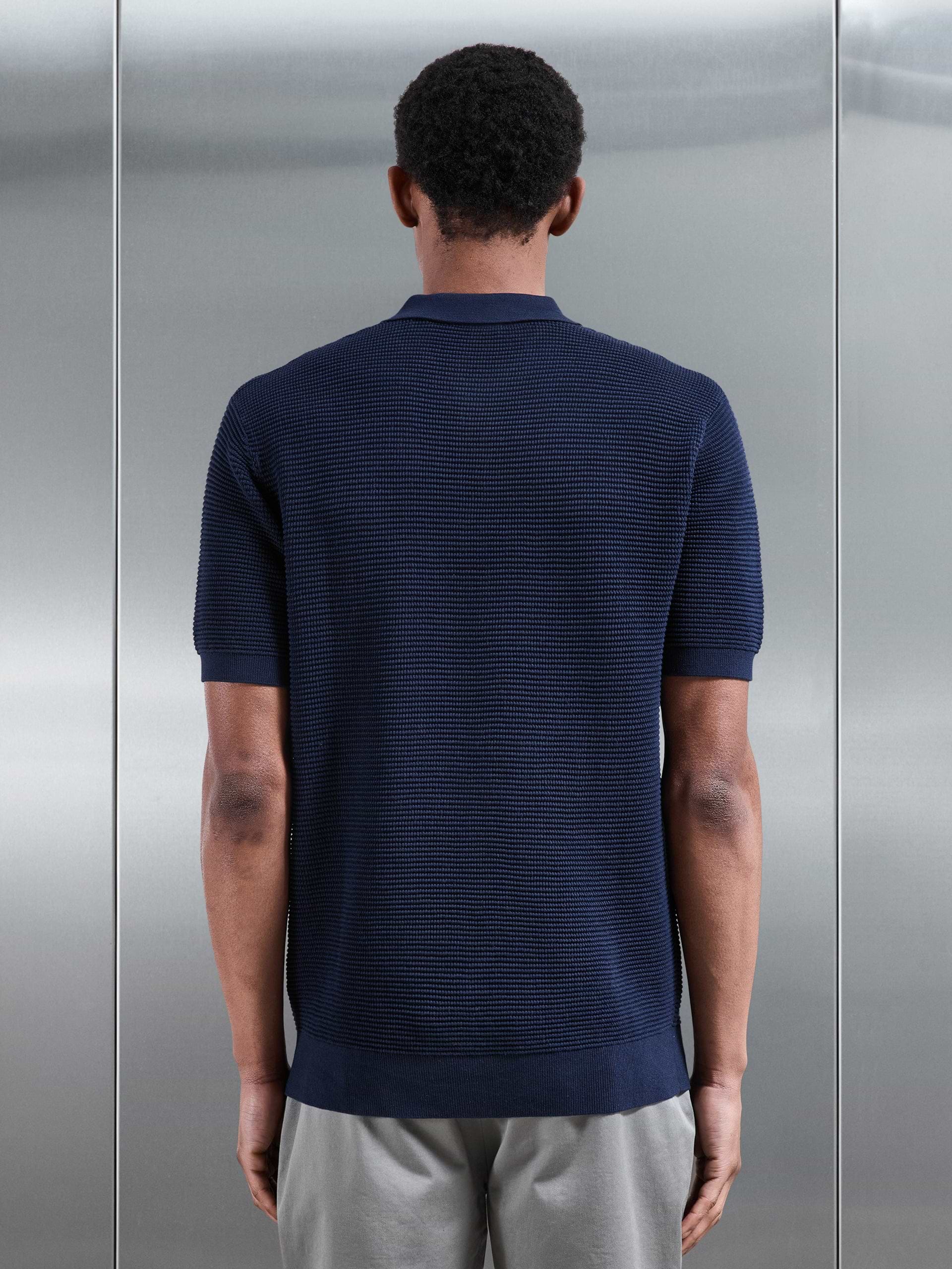 Ribbed Button Polo Shirt in Navy