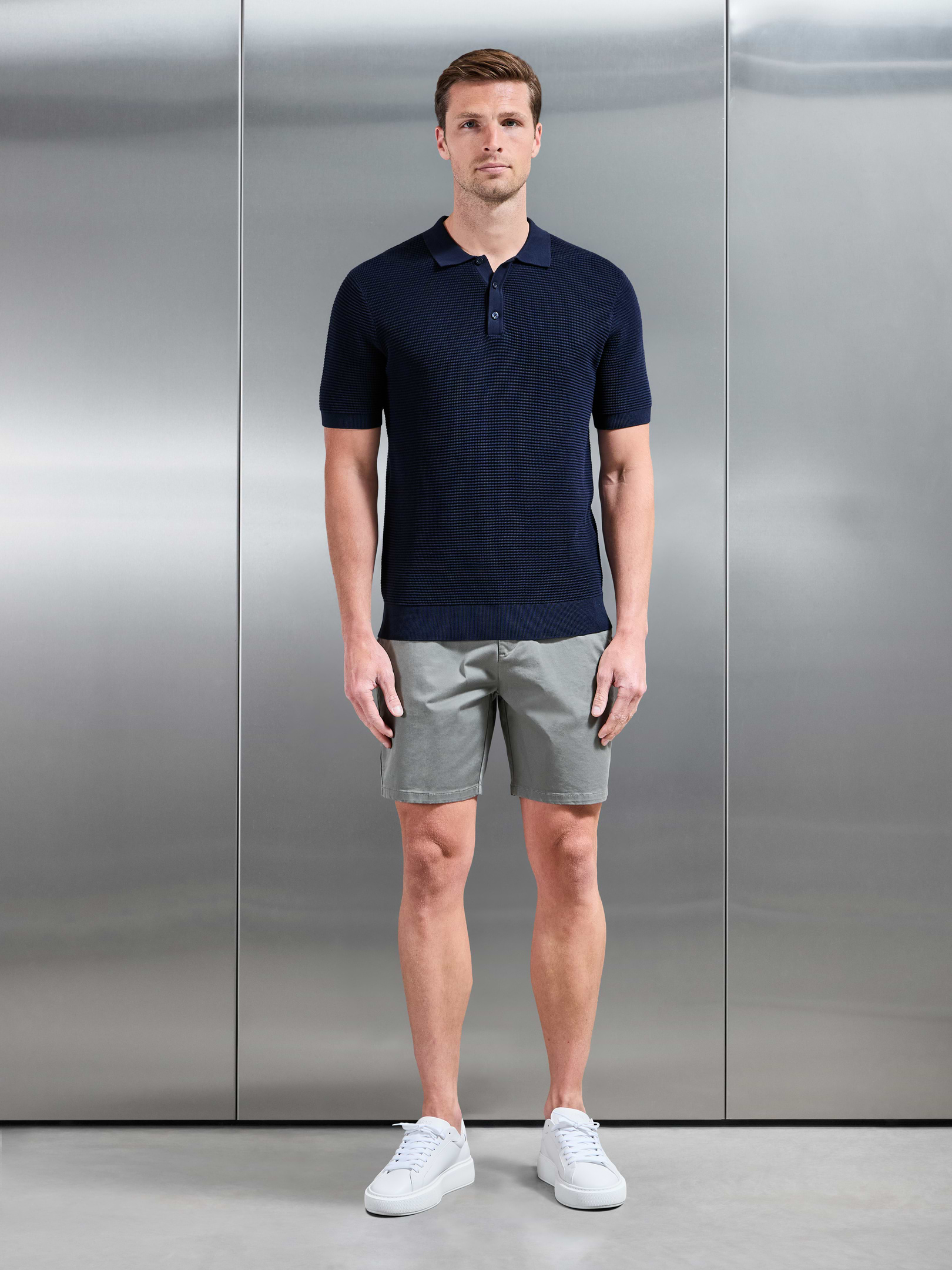 Ribbed Button Polo Shirt in Navy
