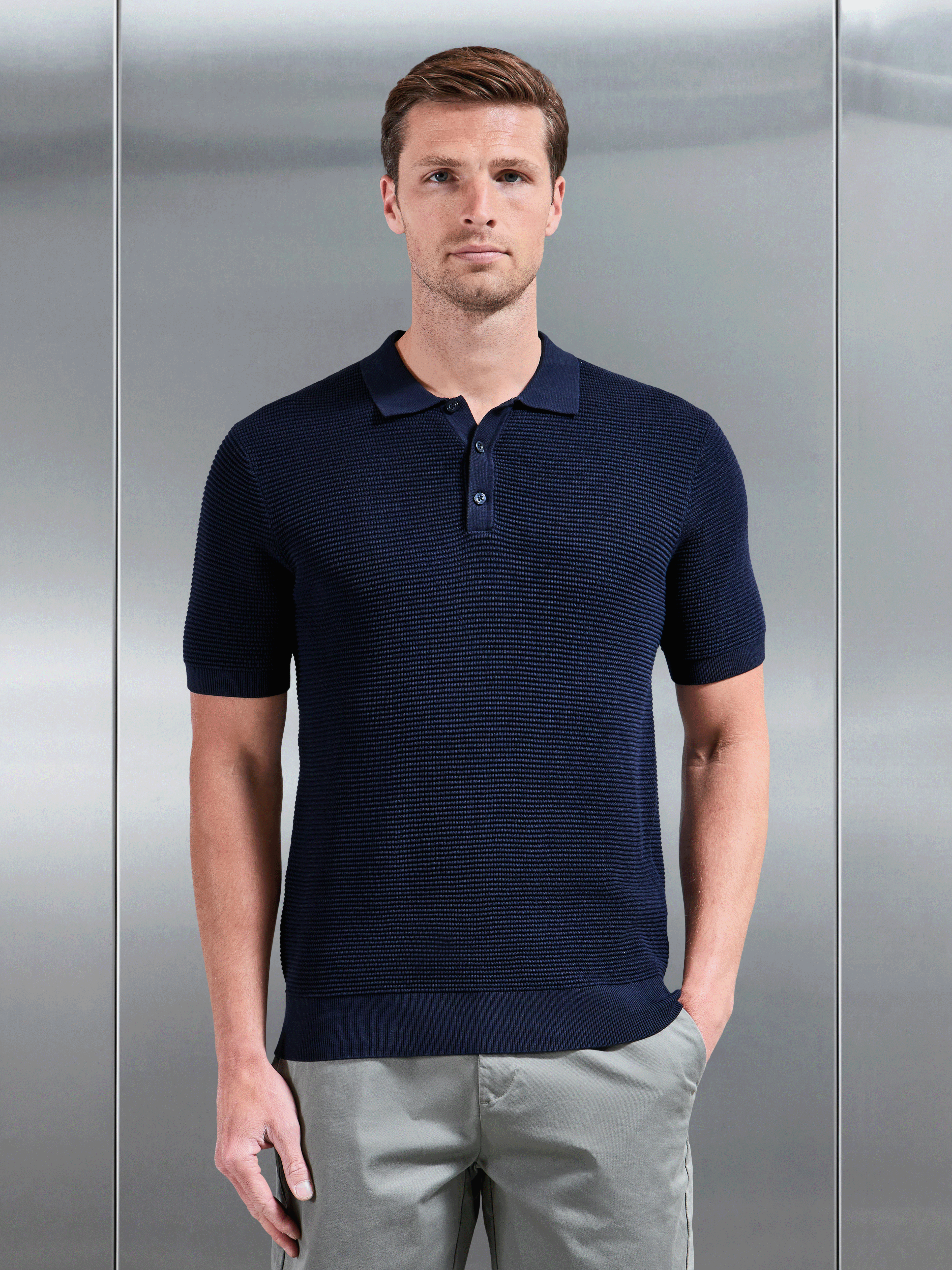 Ribbed Button Polo Shirt in Navy