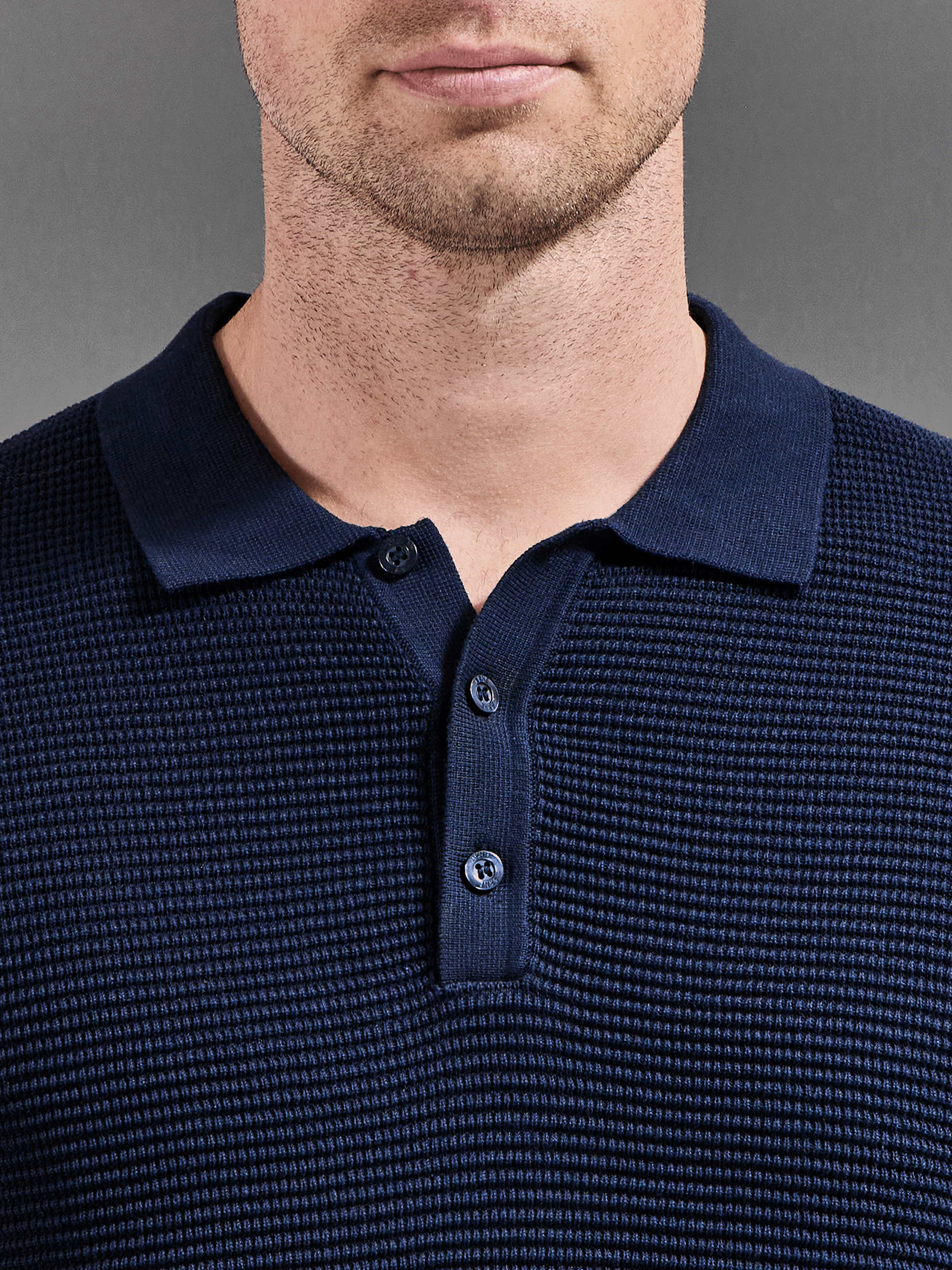 Ribbed Button Polo Shirt in Navy