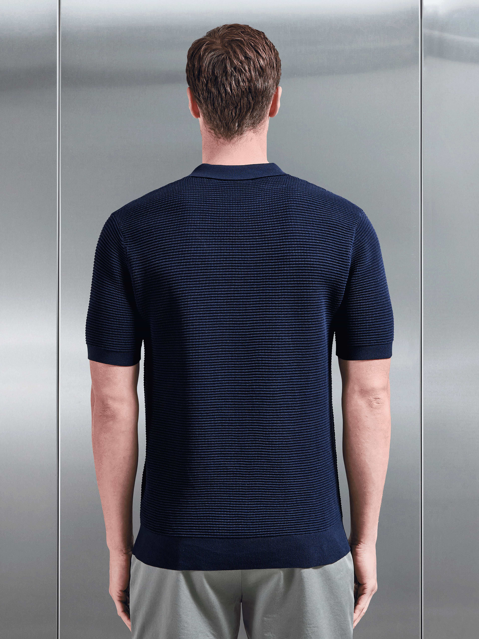 Ribbed Button Polo Shirt in Navy