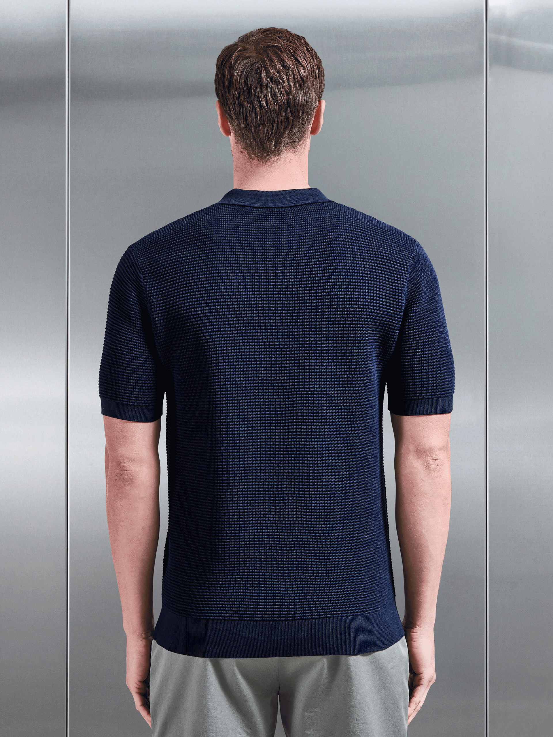 Ribbed Button Polo Shirt in Navy