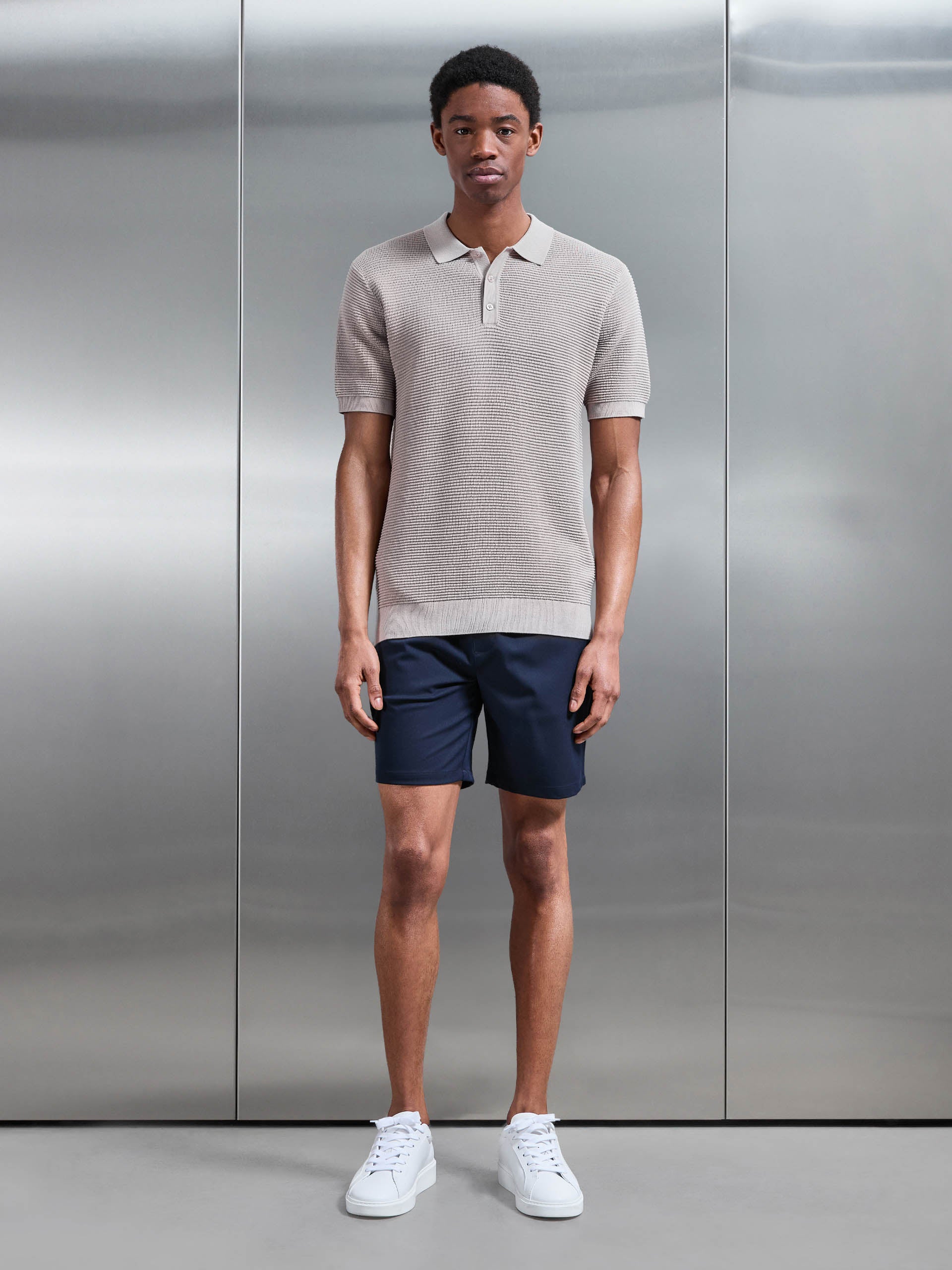 Ribbed Button Polo Shirt in Stone