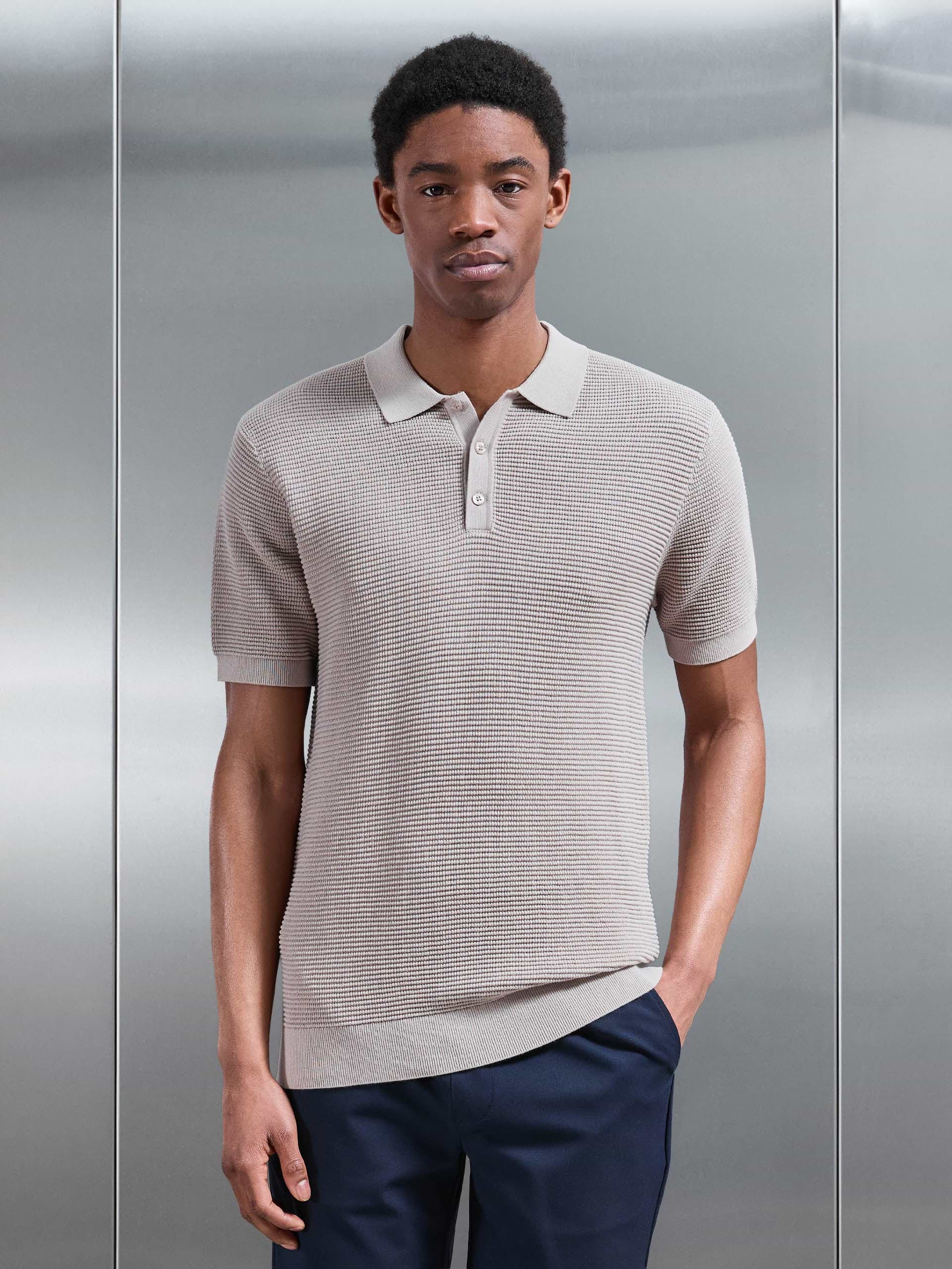 Ribbed Button Polo Shirt in Stone