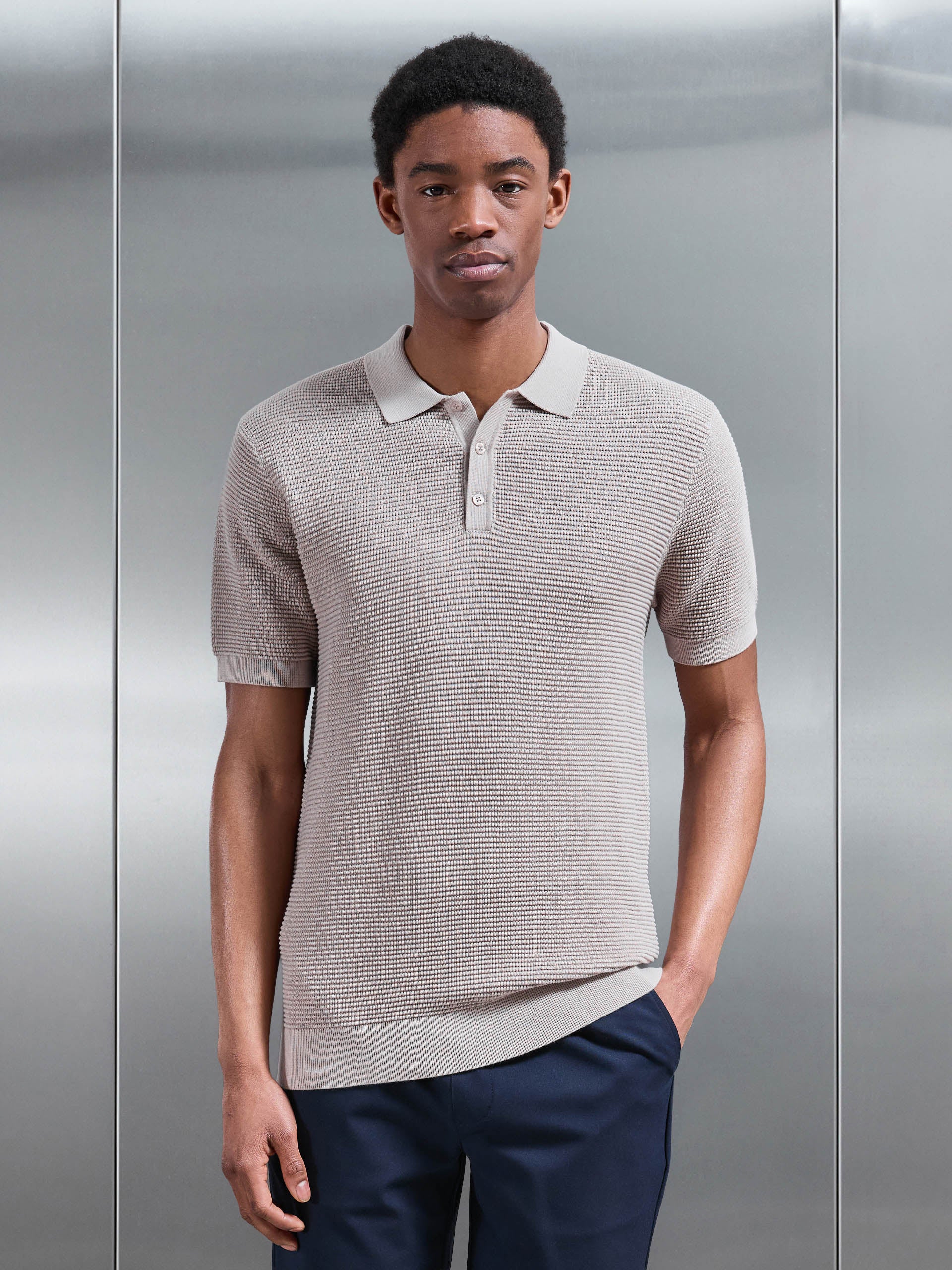Ribbed Button Polo Shirt in Stone