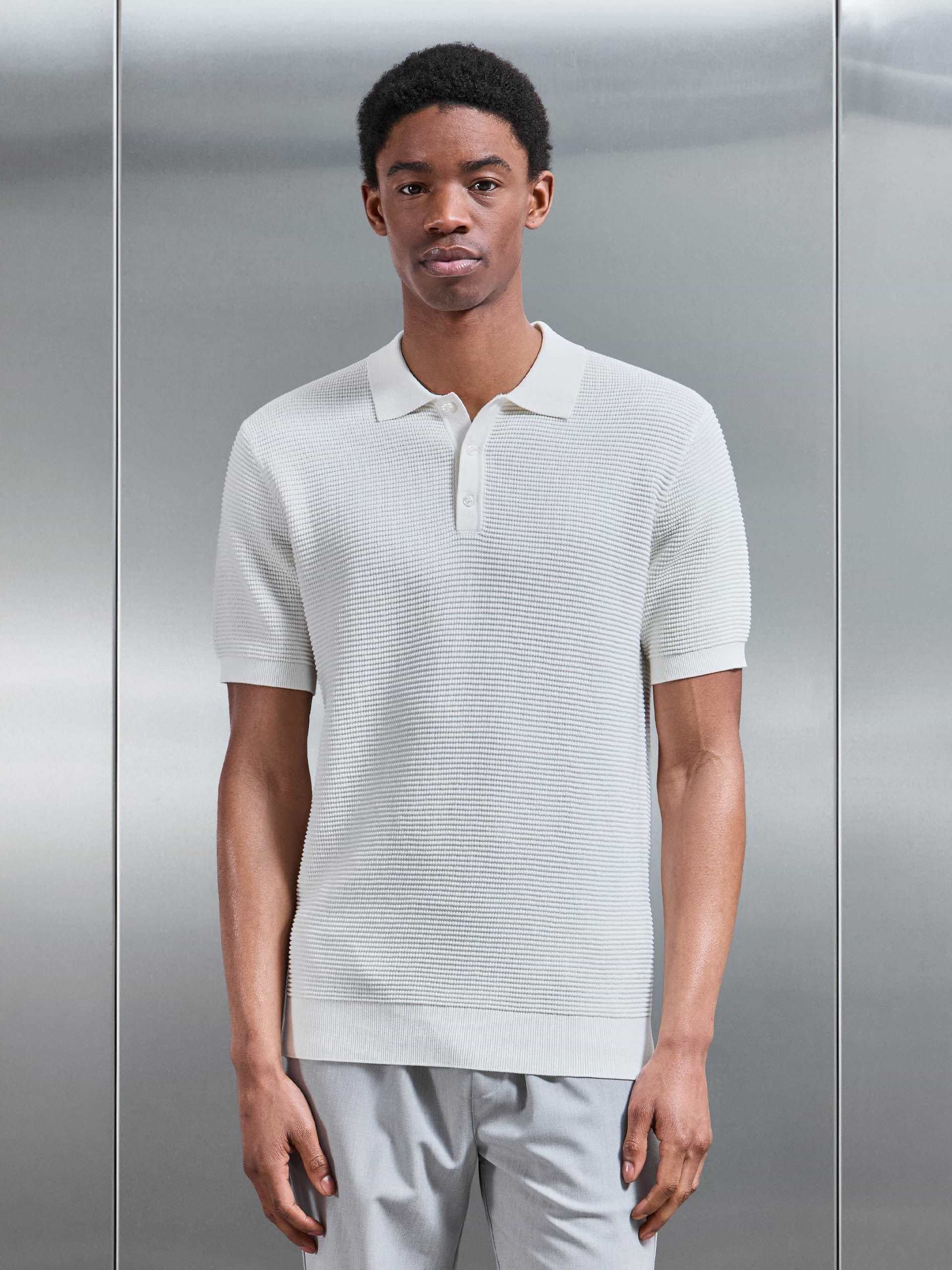 Ribbed Button Polo Shirt in White
