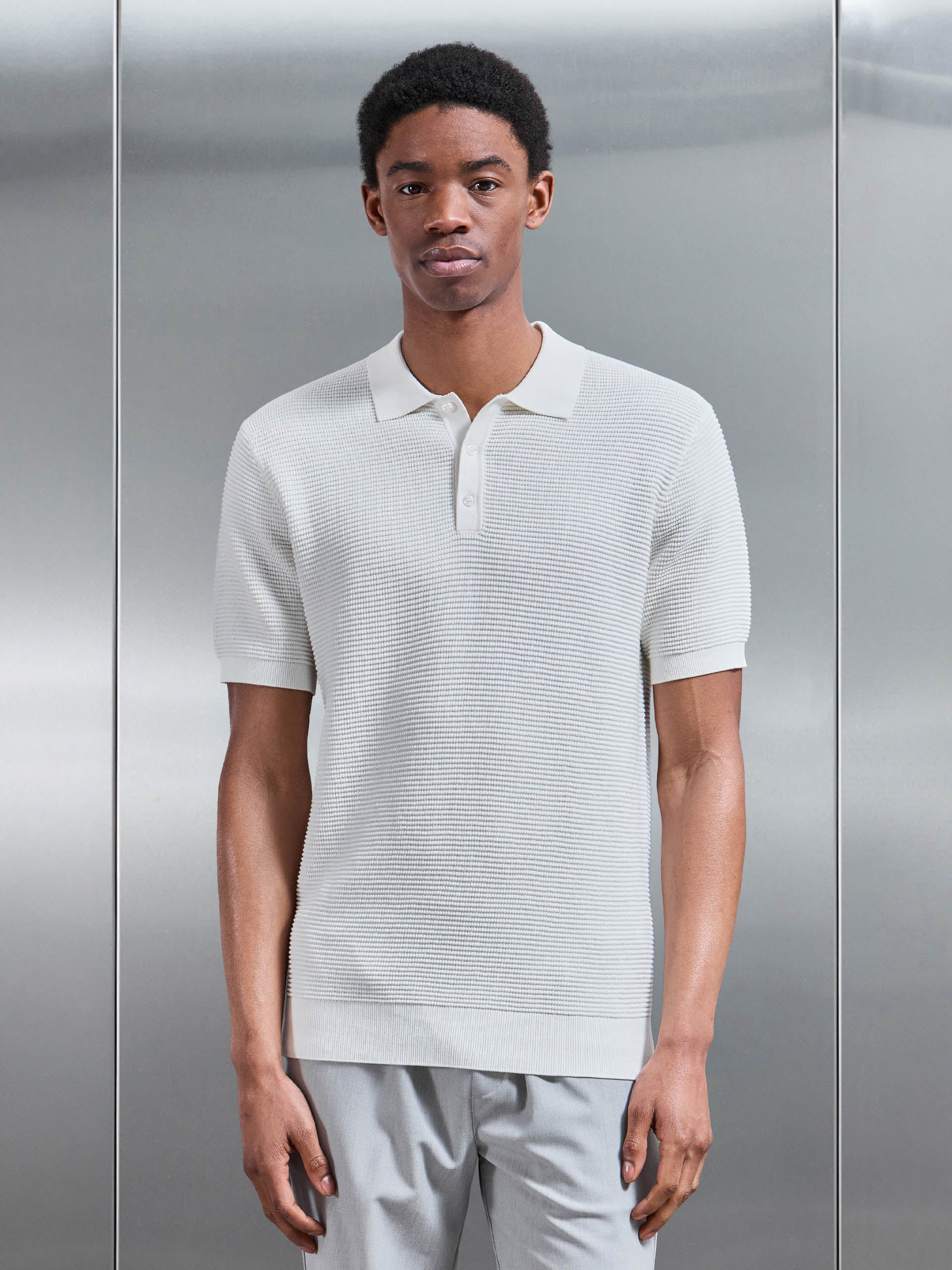 Ribbed Button Polo Shirt in White