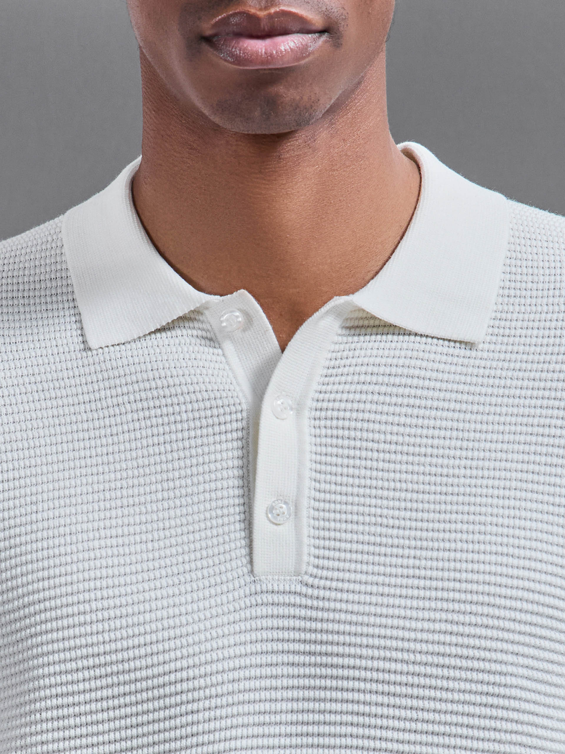 Ribbed Button Polo Shirt in White