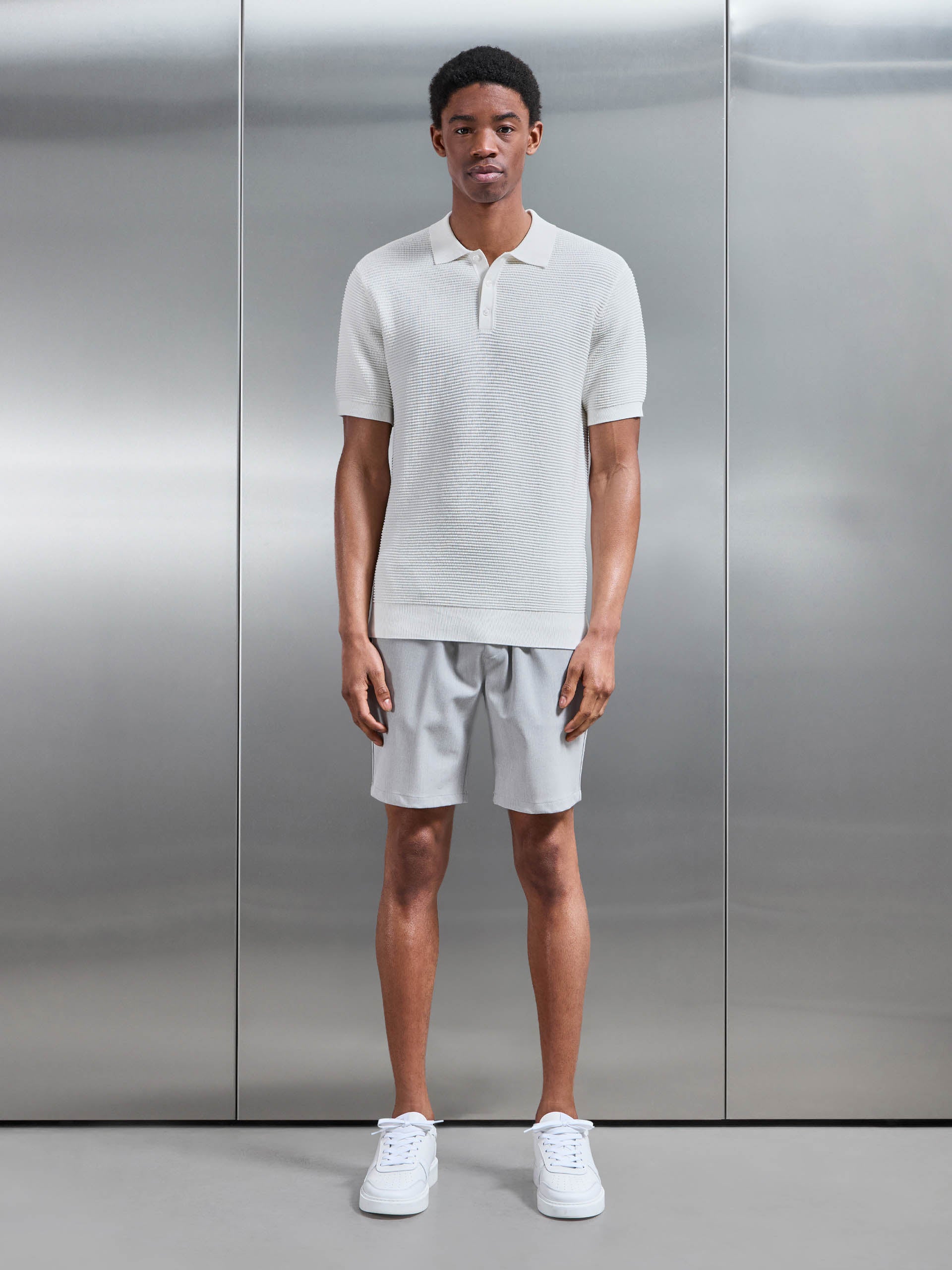 Ribbed Button Polo Shirt in White