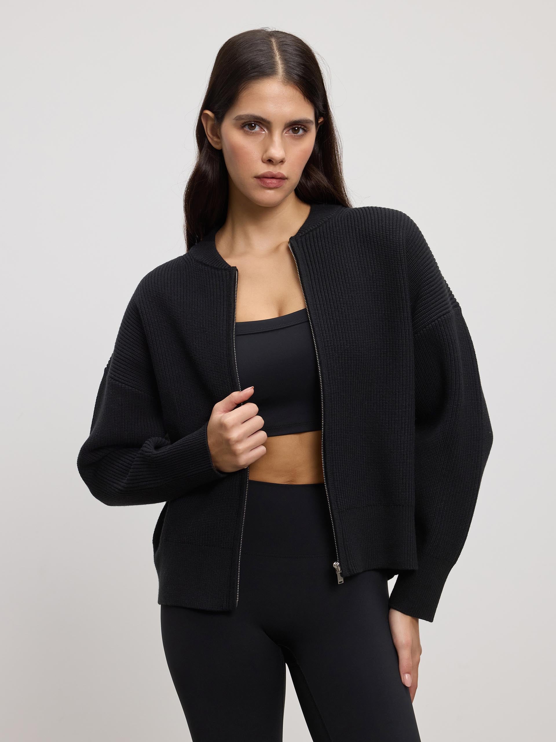 Womens Ribbed Bomber in Black