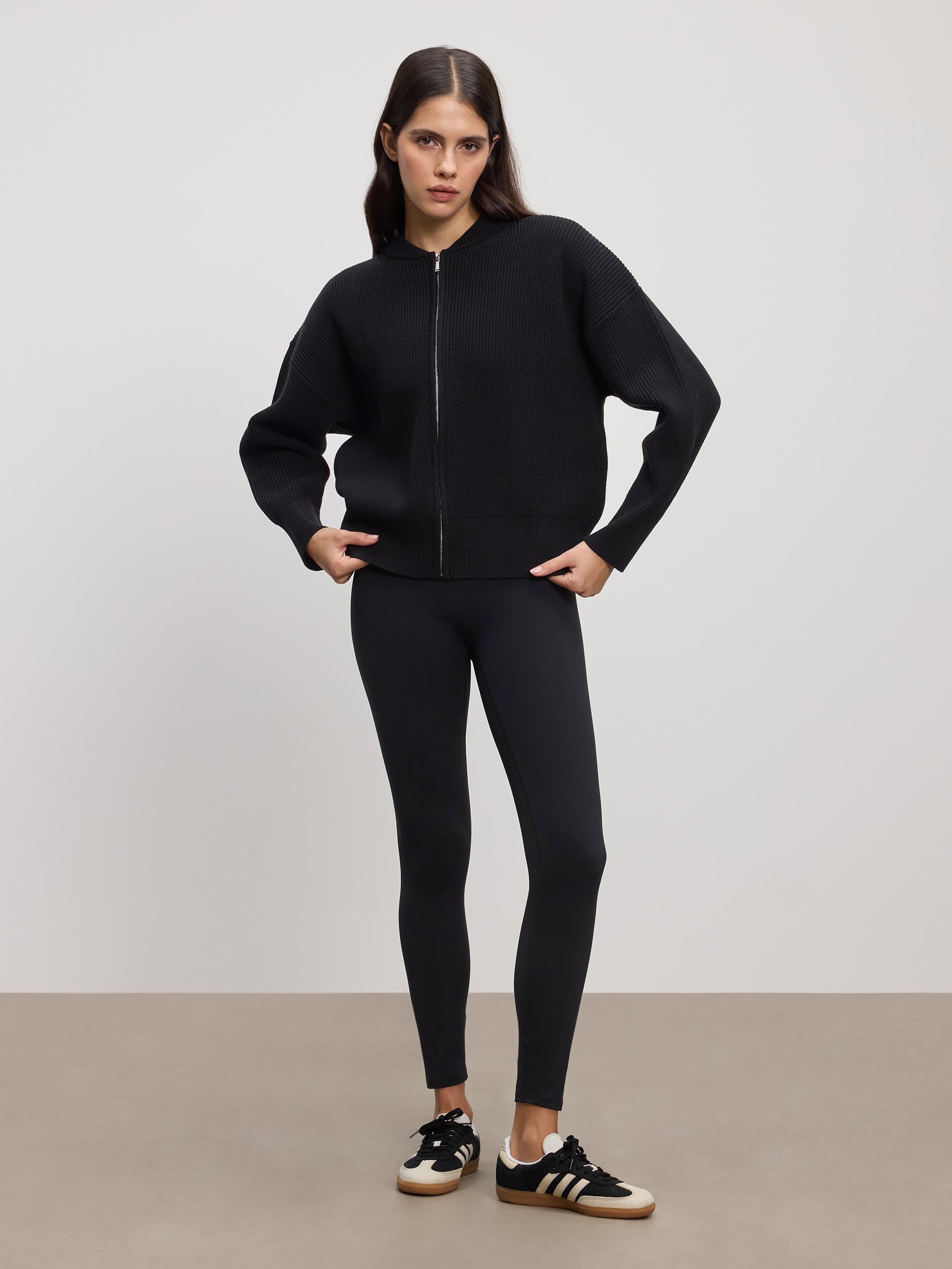 Womens Ribbed Bomber in Black