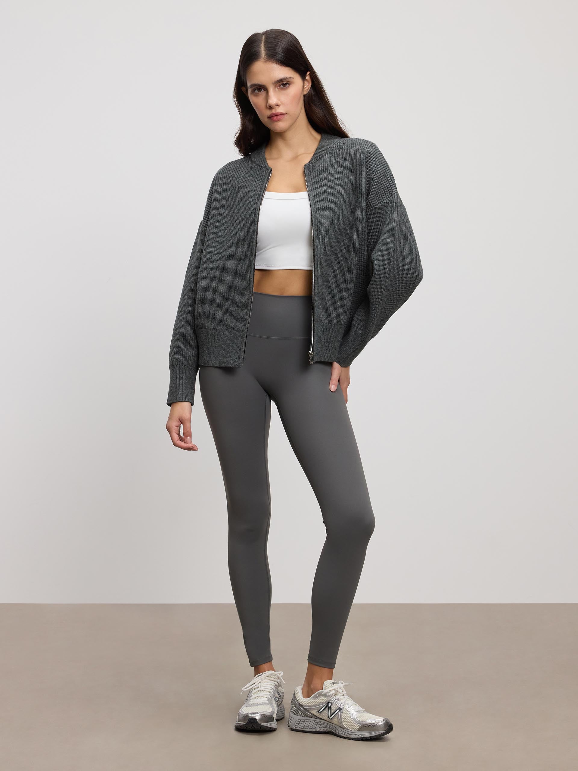 Womens Ribbed Bomber in Charcoal