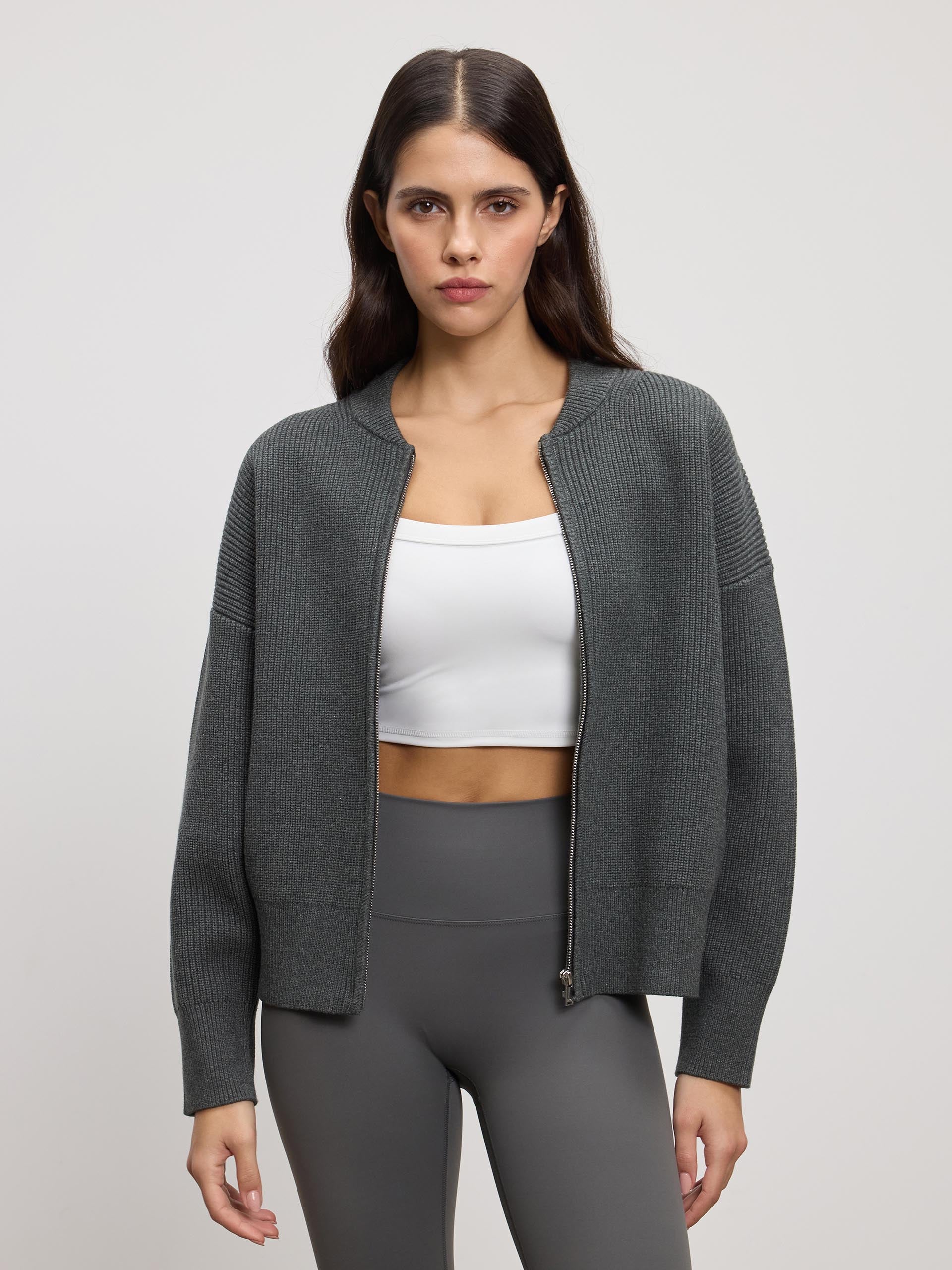 Womens Ribbed Bomber in Charcoal