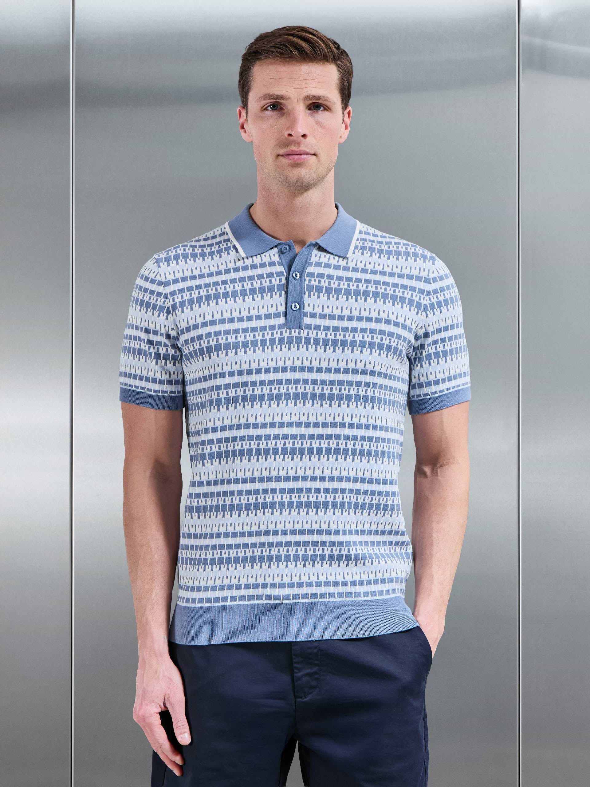 Roma Knitted Button Polo Shirt in Steel Blue