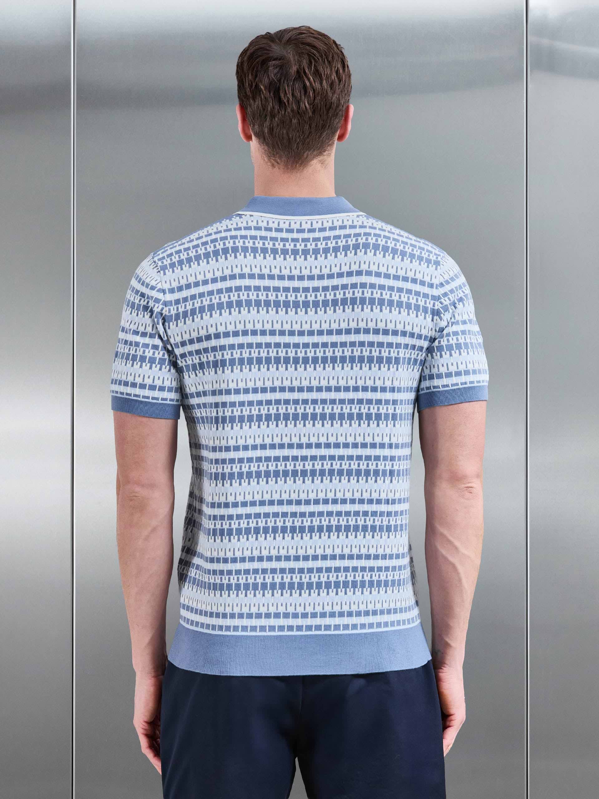 Roma Knitted Button Polo Shirt in Steel Blue