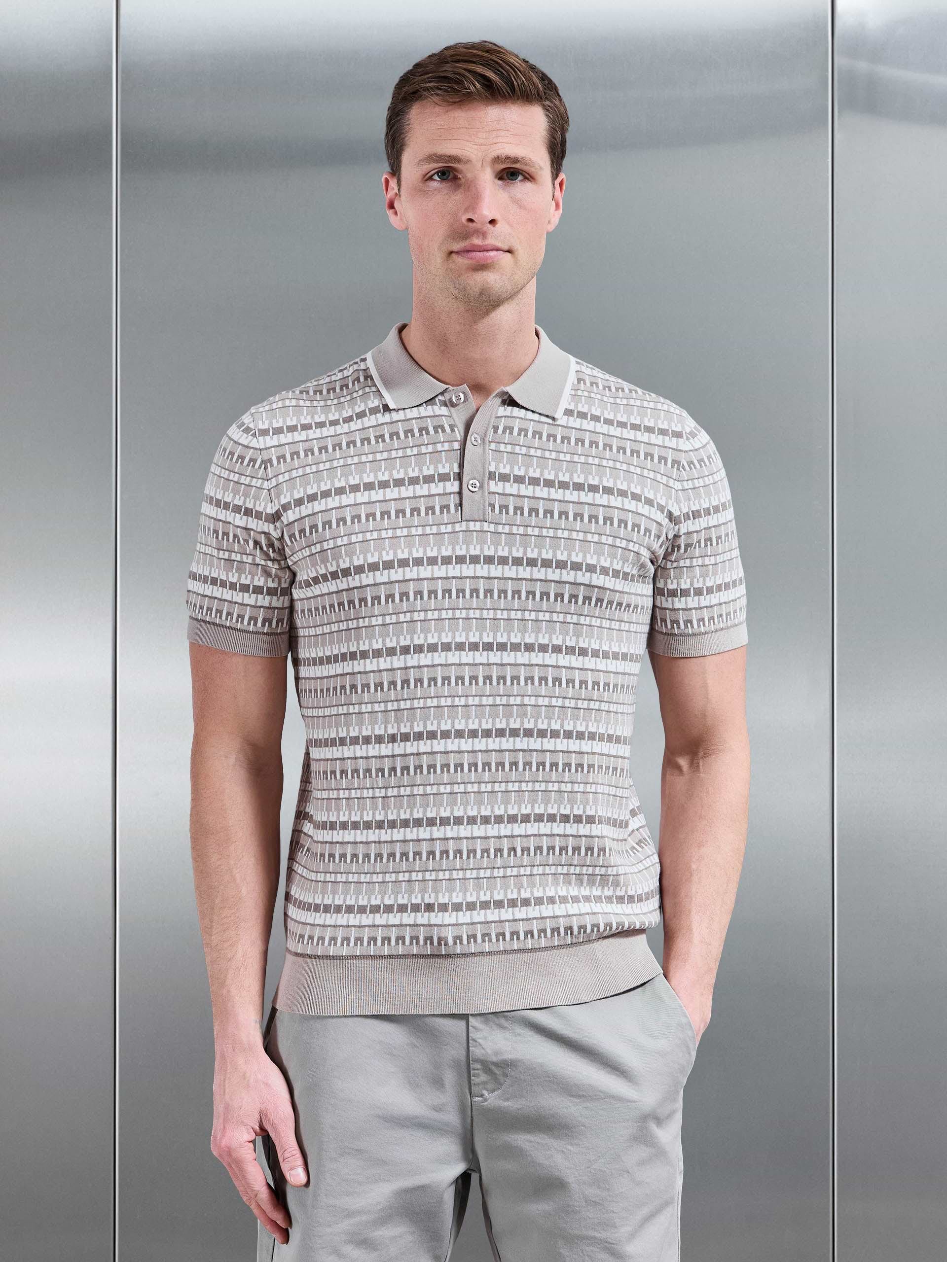 Roma Knitted Button Polo Shirt in Stone