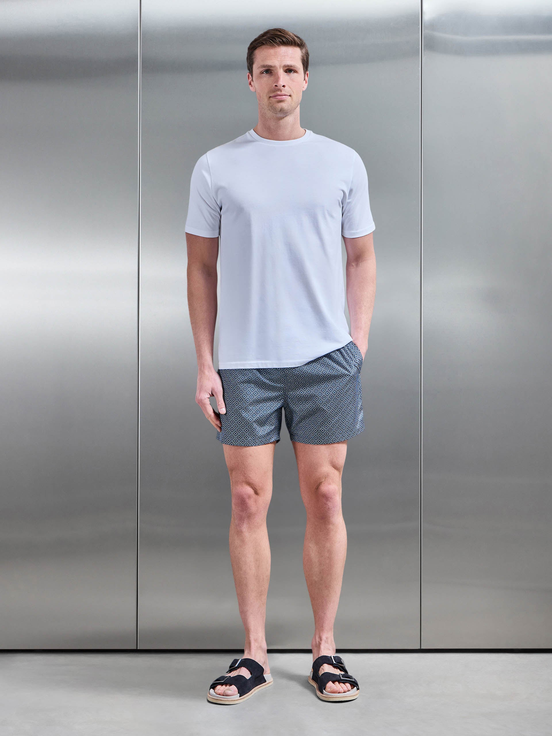 Santo Drawstring Printed Shell Swim Short in Navy