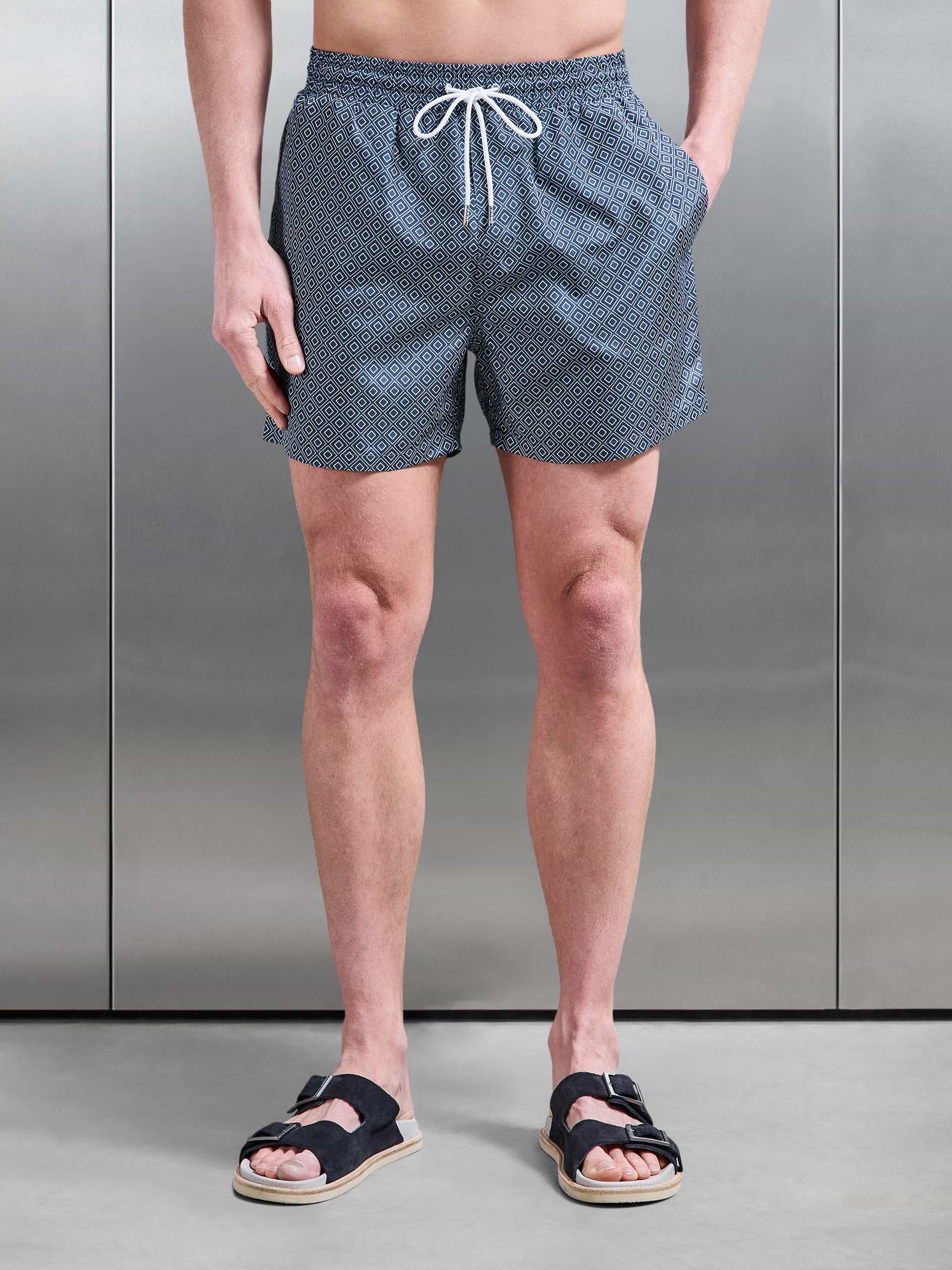 Santo Drawstring Printed Shell Swim Short in Navy