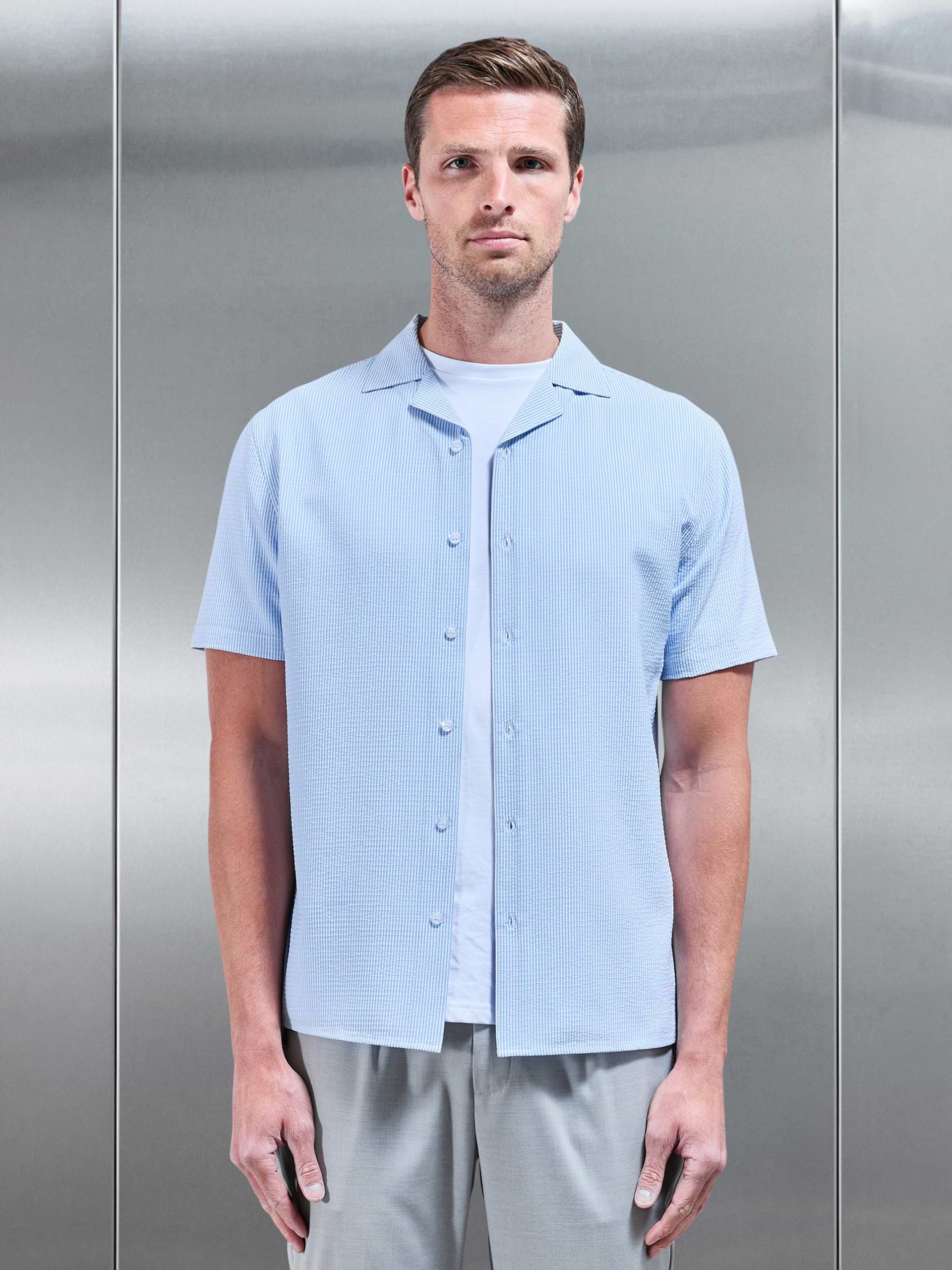 Seersucker Stripe Revere Collar Shirt in Light Blue