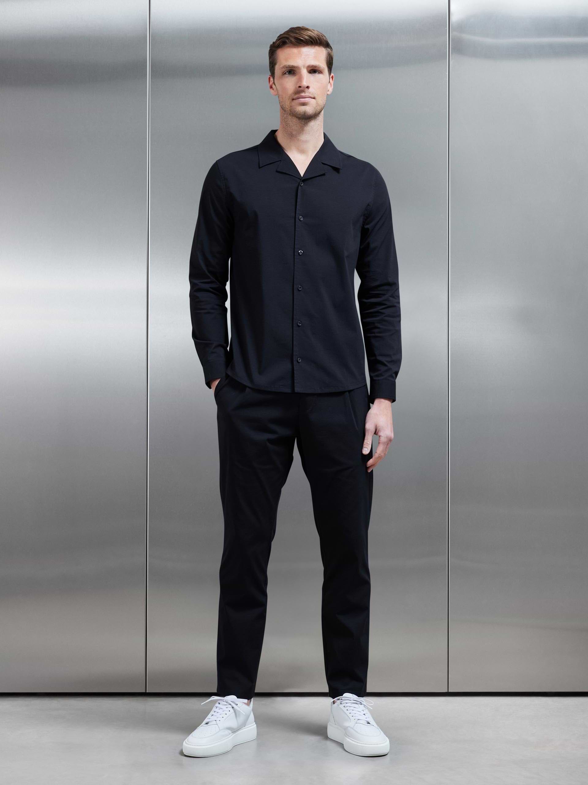 Seersucker Revere Collar Long Sleeve Shirt in Black