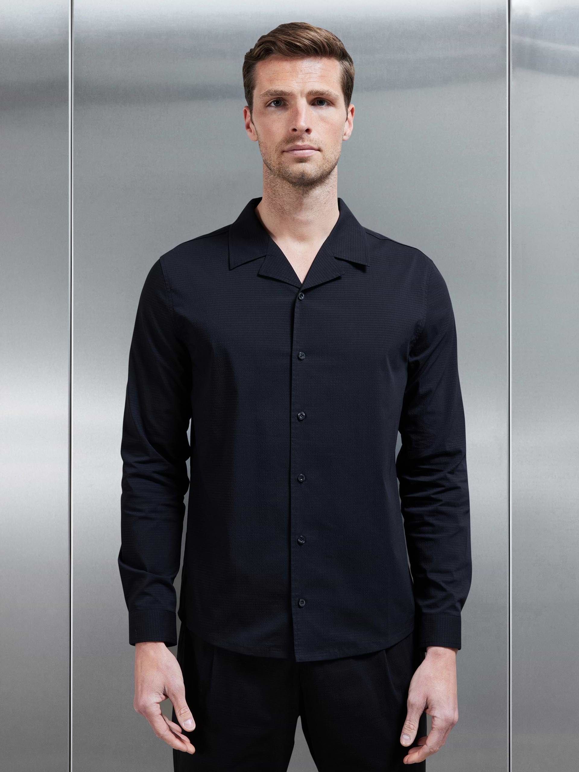 Seersucker Revere Collar Long Sleeve Shirt in Black