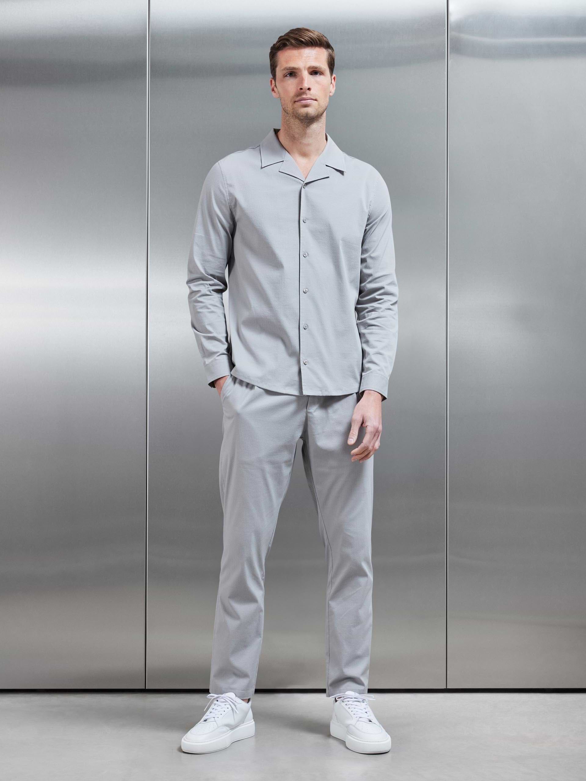 Seersucker Revere Collar Long Sleeve Shirt in Stone