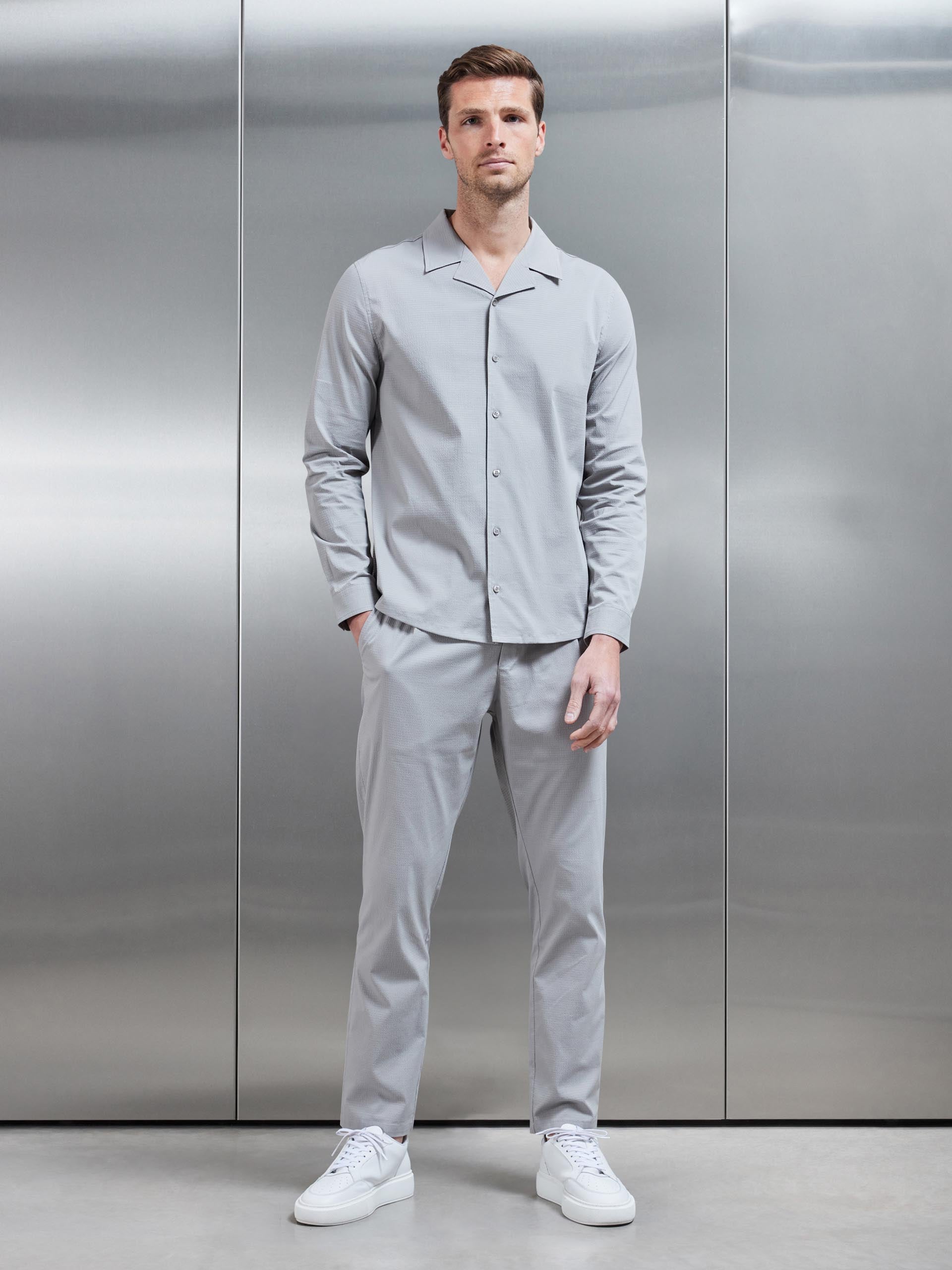Seersucker Revere Collar Long Sleeve Shirt in Stone