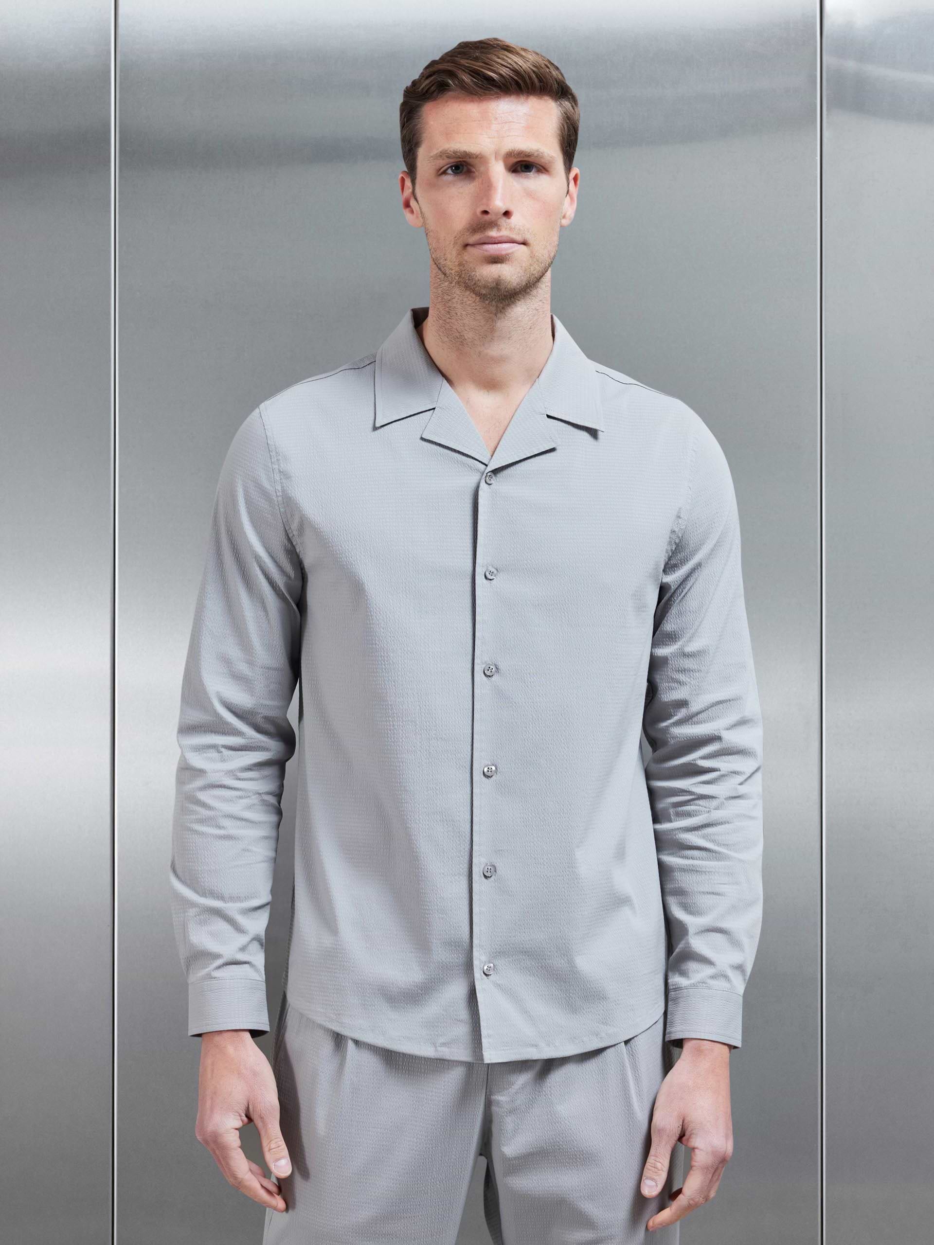 Seersucker Revere Collar Long Sleeve Shirt in Stone