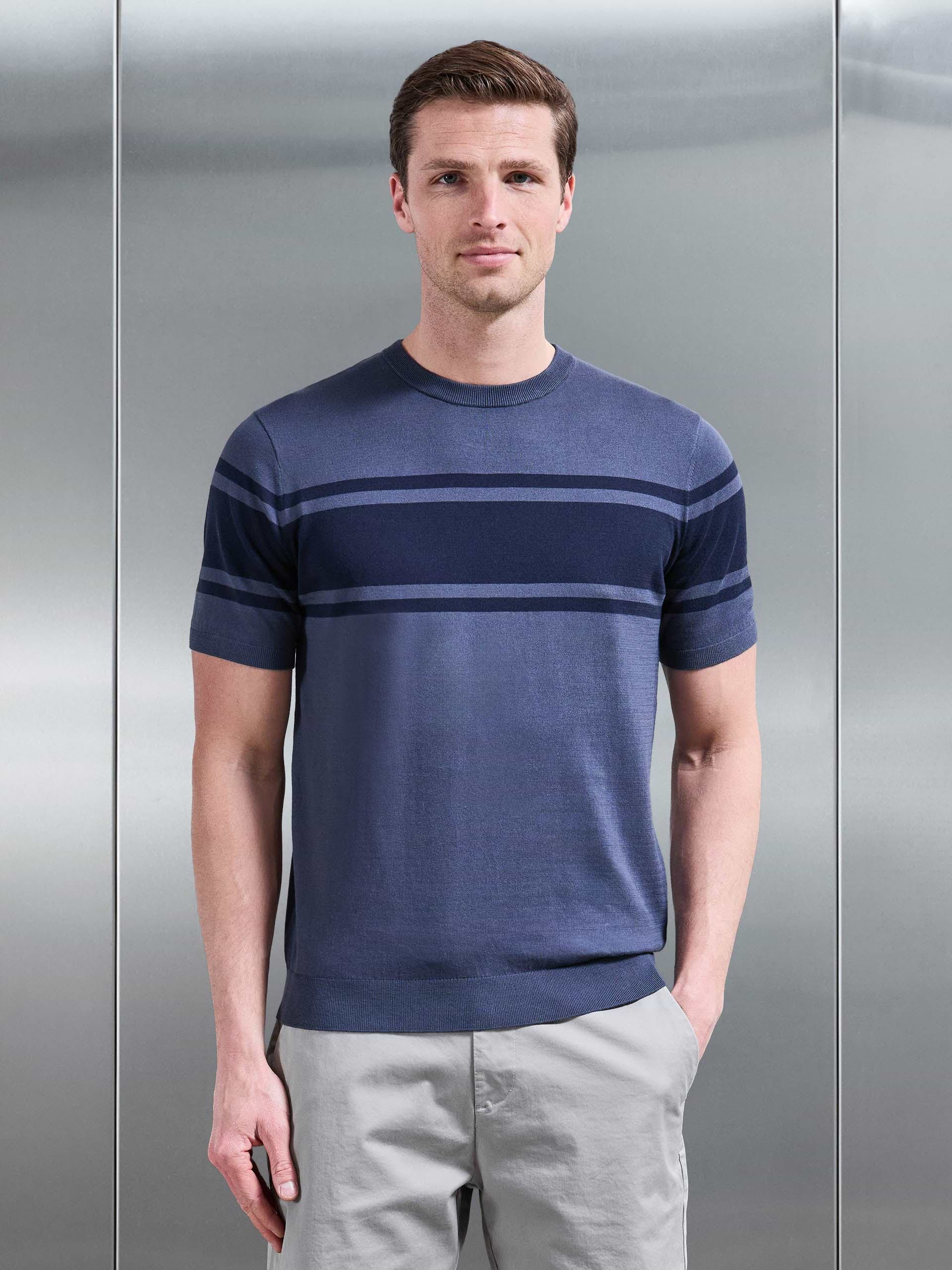 Seria Knitted Crew Neck Colour Block T-Shirt in Slate Blue