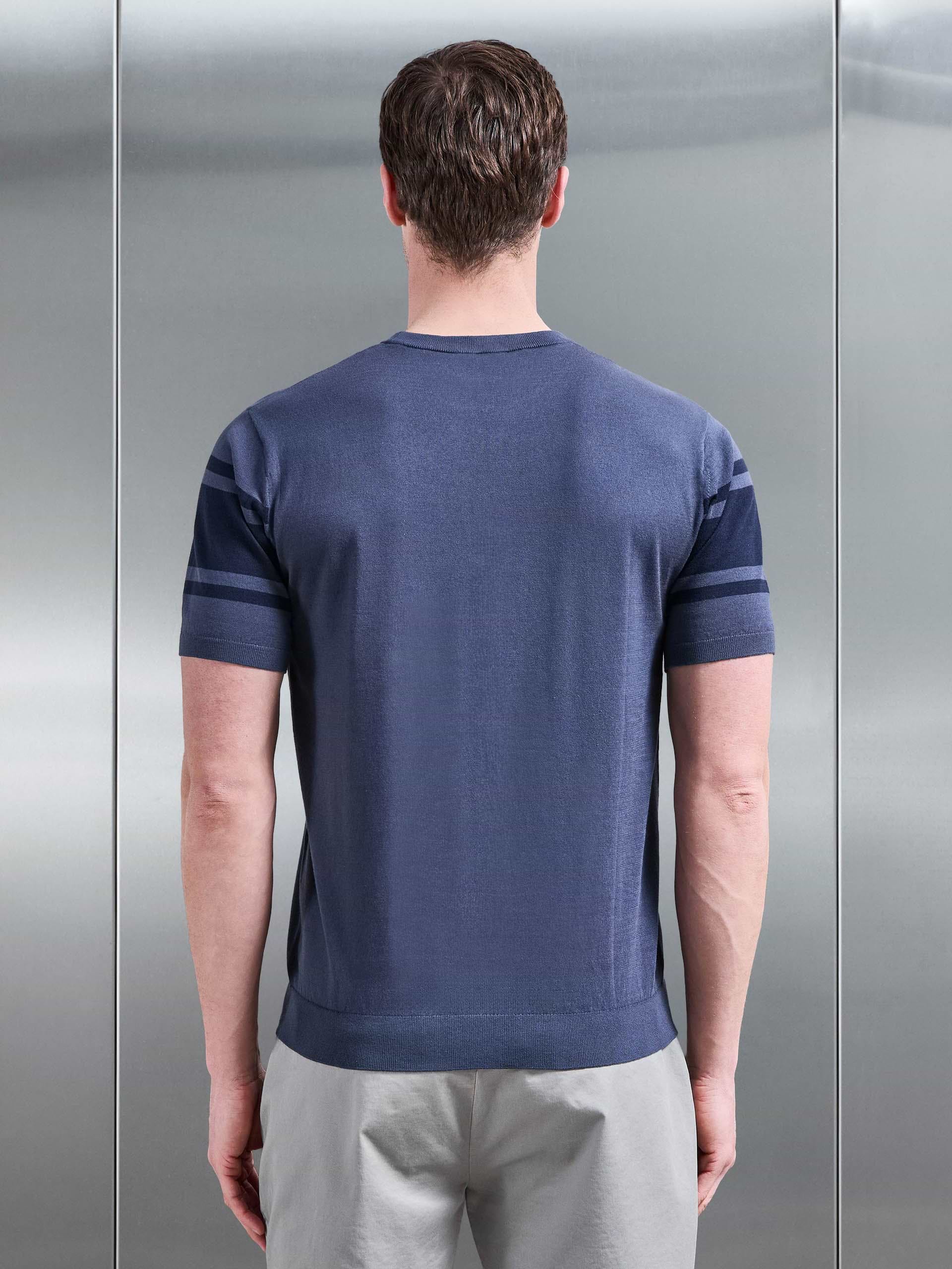 Seria Knitted Crew Neck Colour Block T-Shirt in Slate Blue