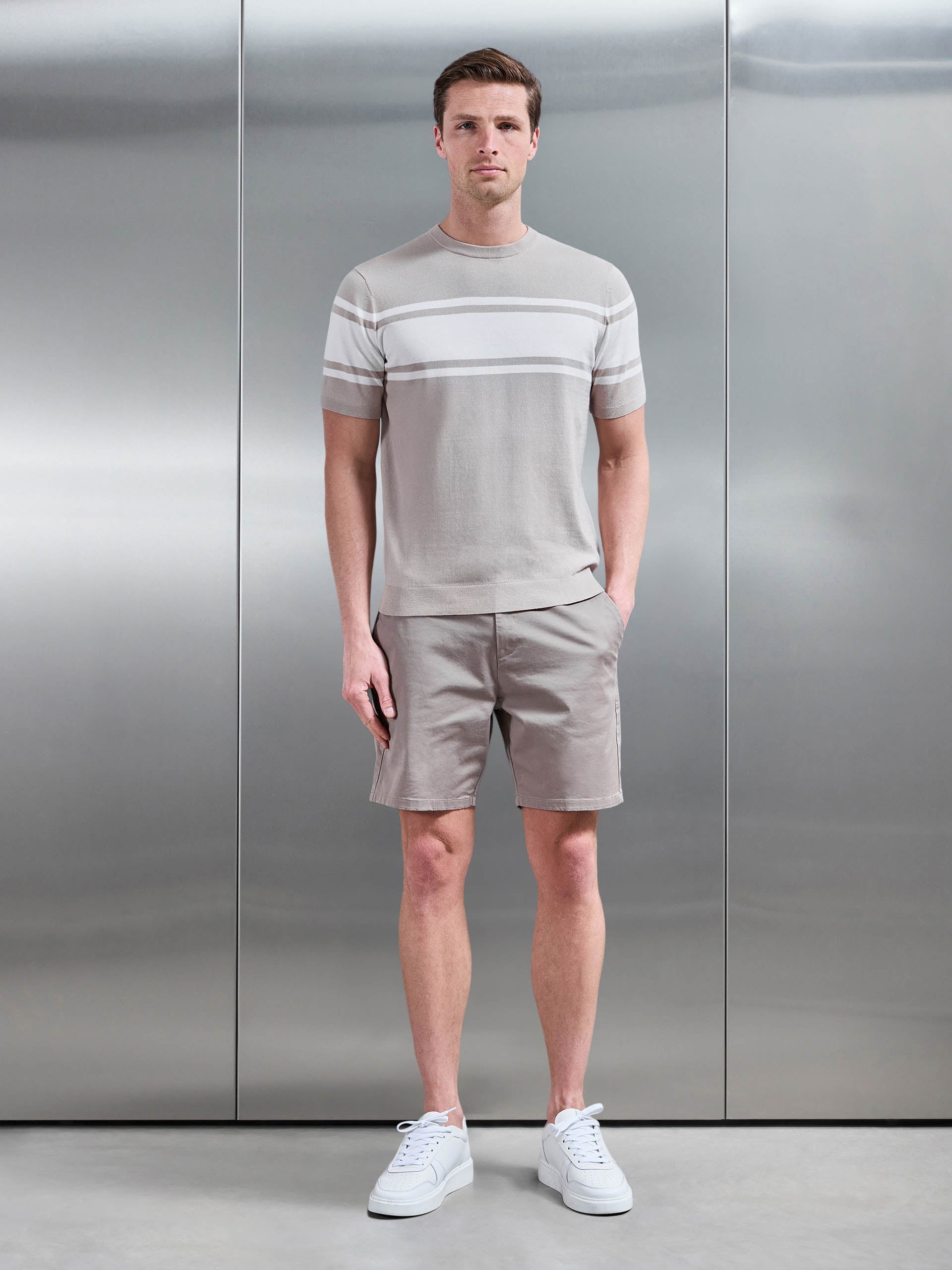 Seria Knitted Crew Neck Colour Block T-Shirt in Stone