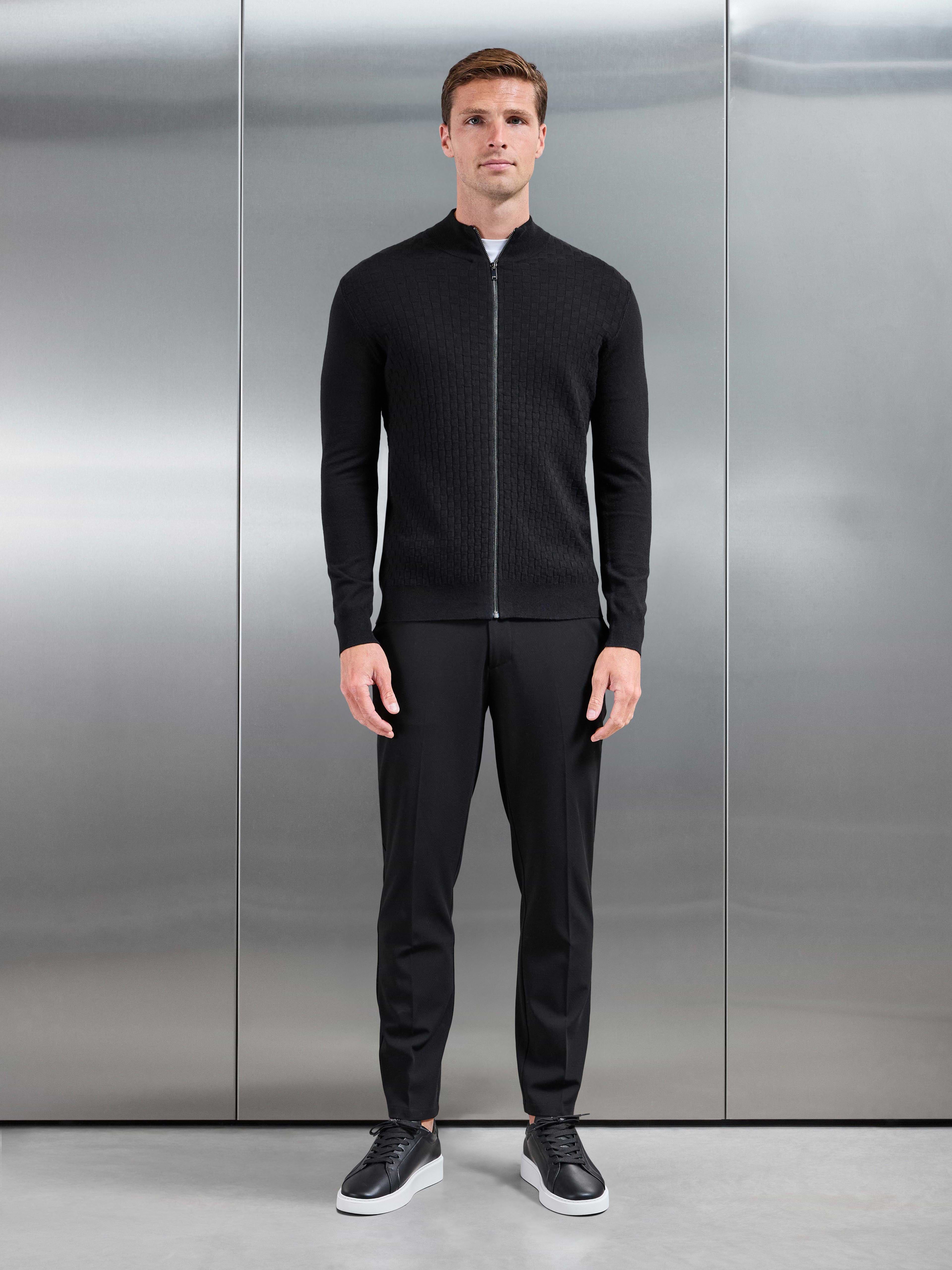 Square Textured Knitted Zip Jacket in Black