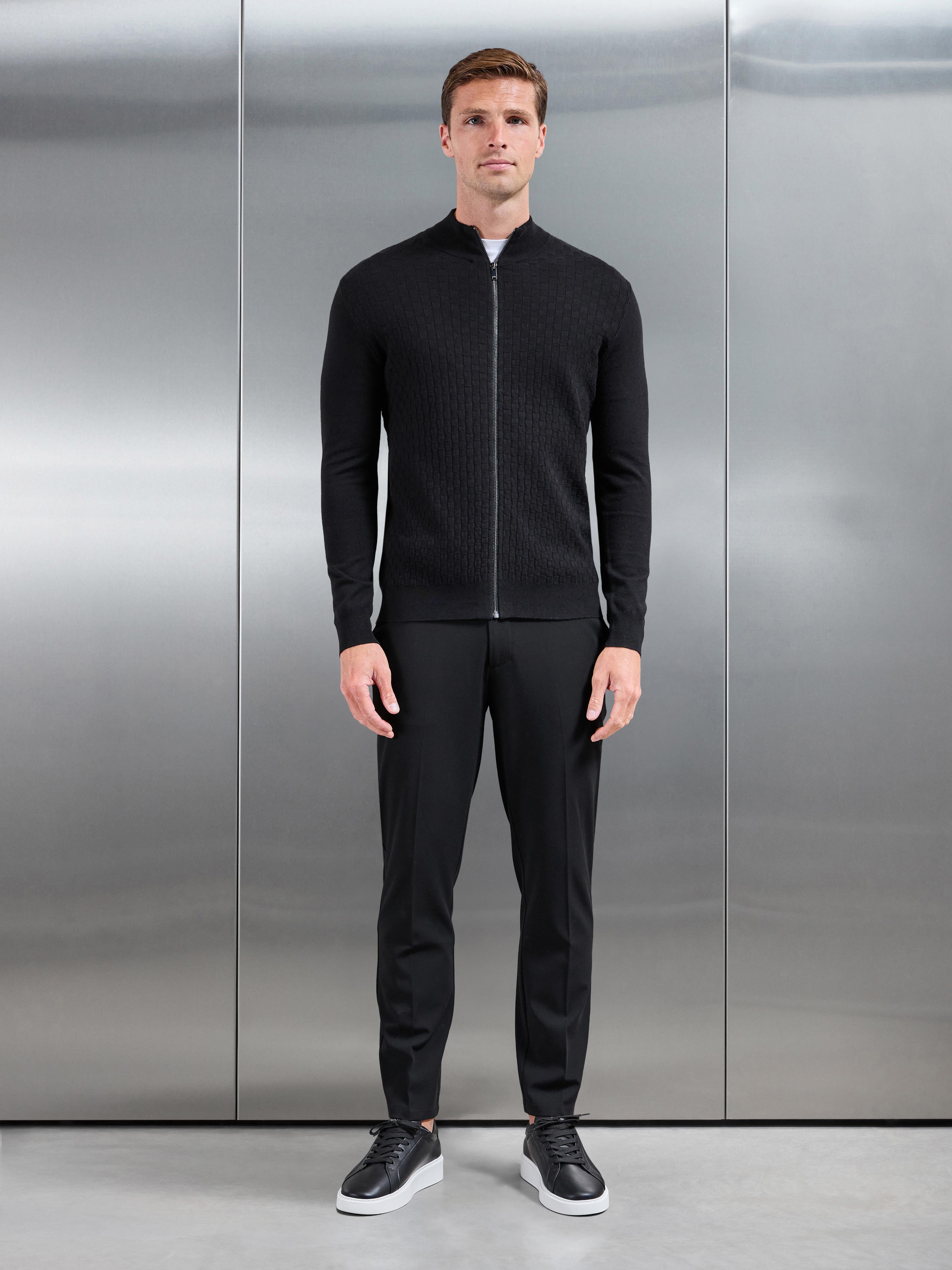 Square Textured Knitted Zip Jacket in Black