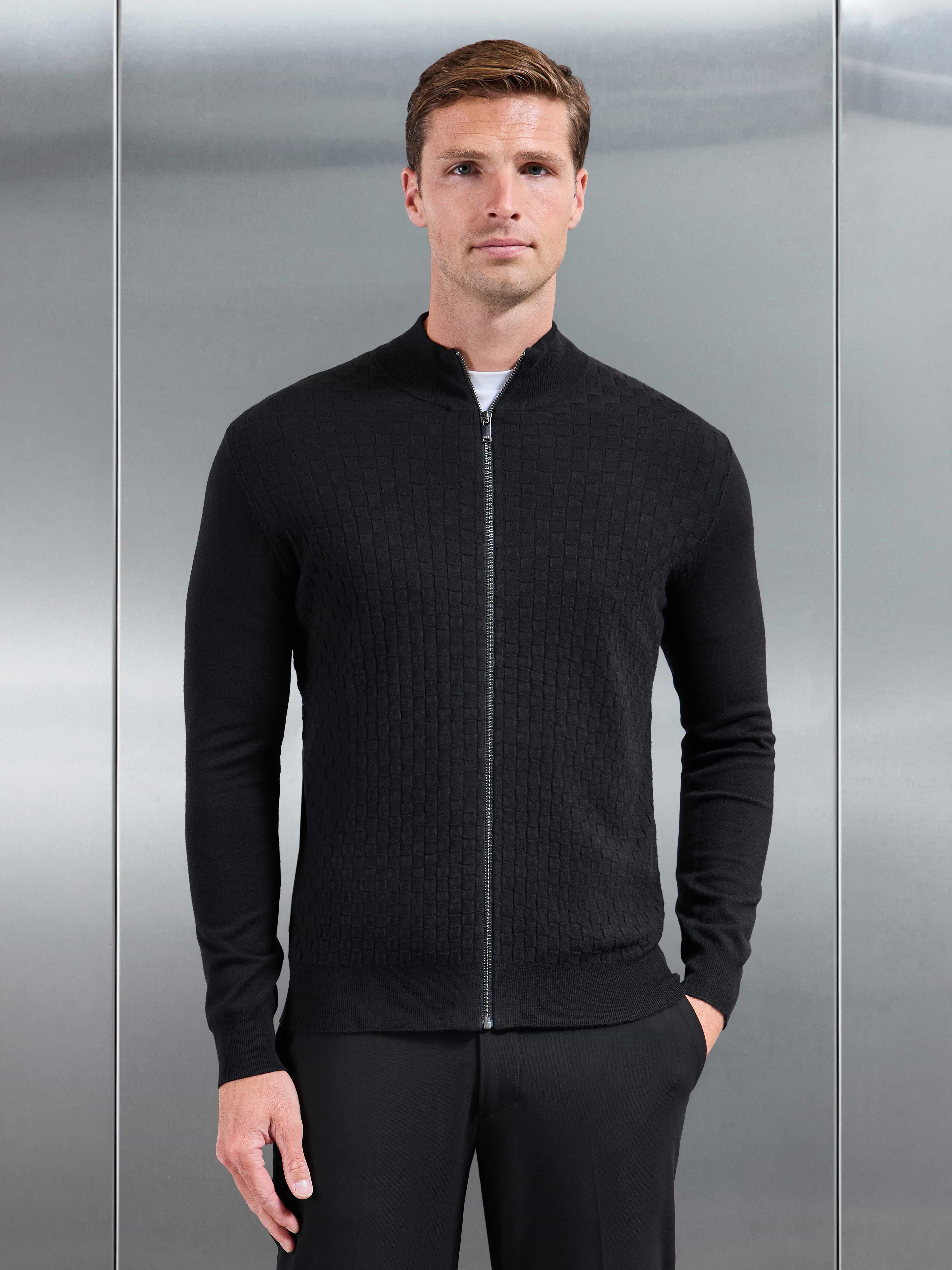 Square Textured Knitted Zip Jacket in Black