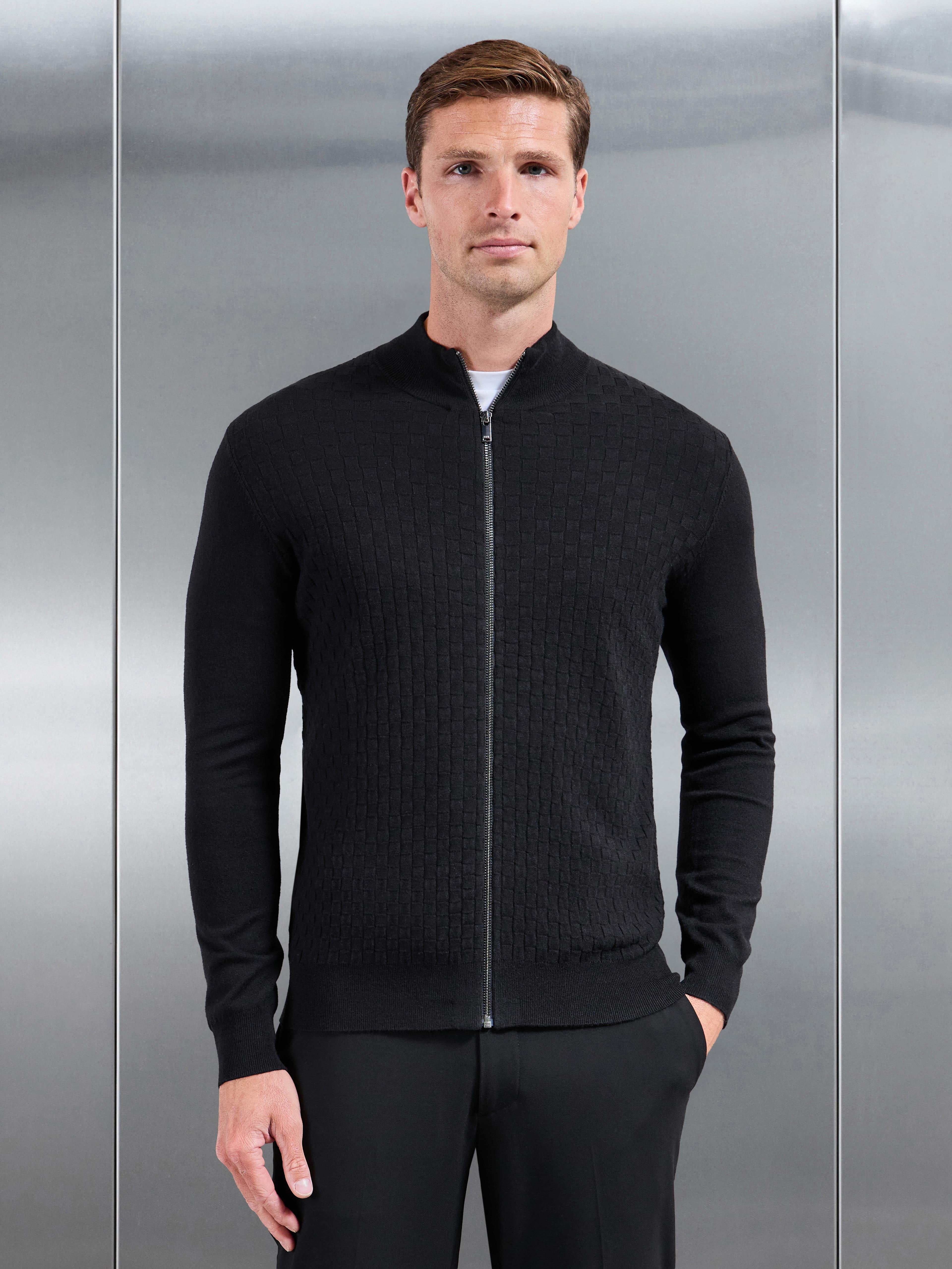 Square Textured Knitted Zip Jacket in Black