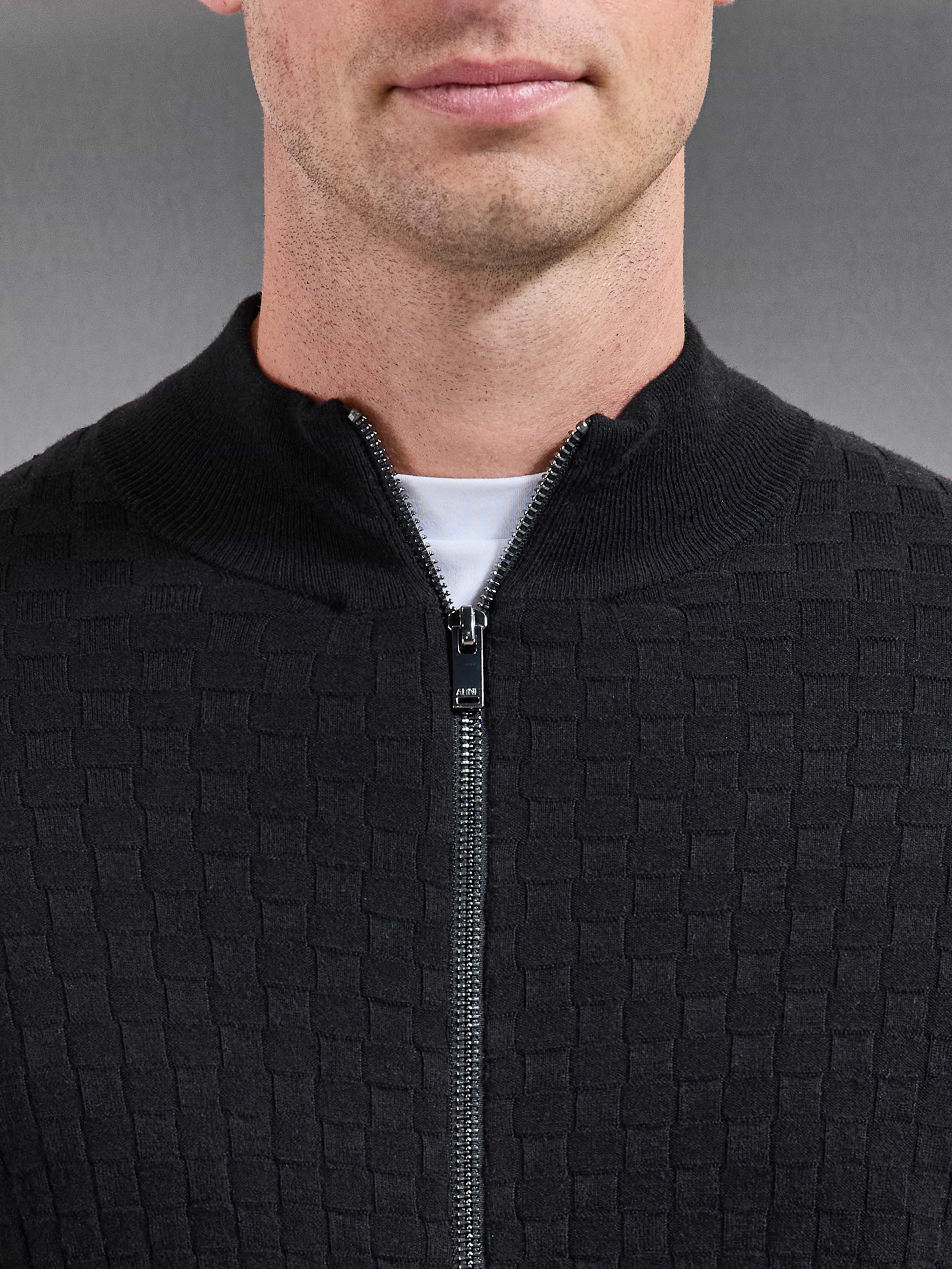Square Textured Knitted Zip Jacket in Black