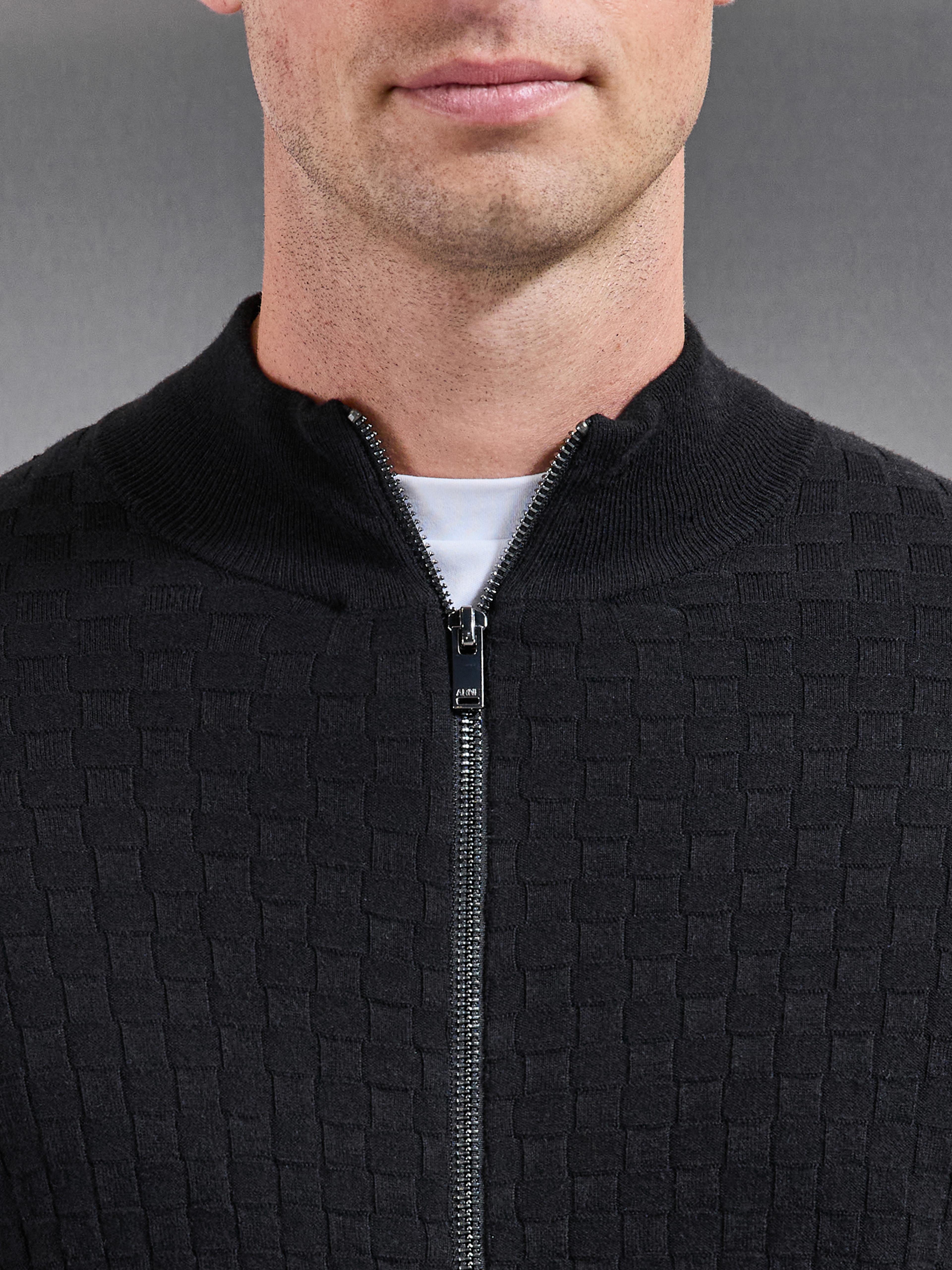 Square Textured Knitted Zip Jacket in Black