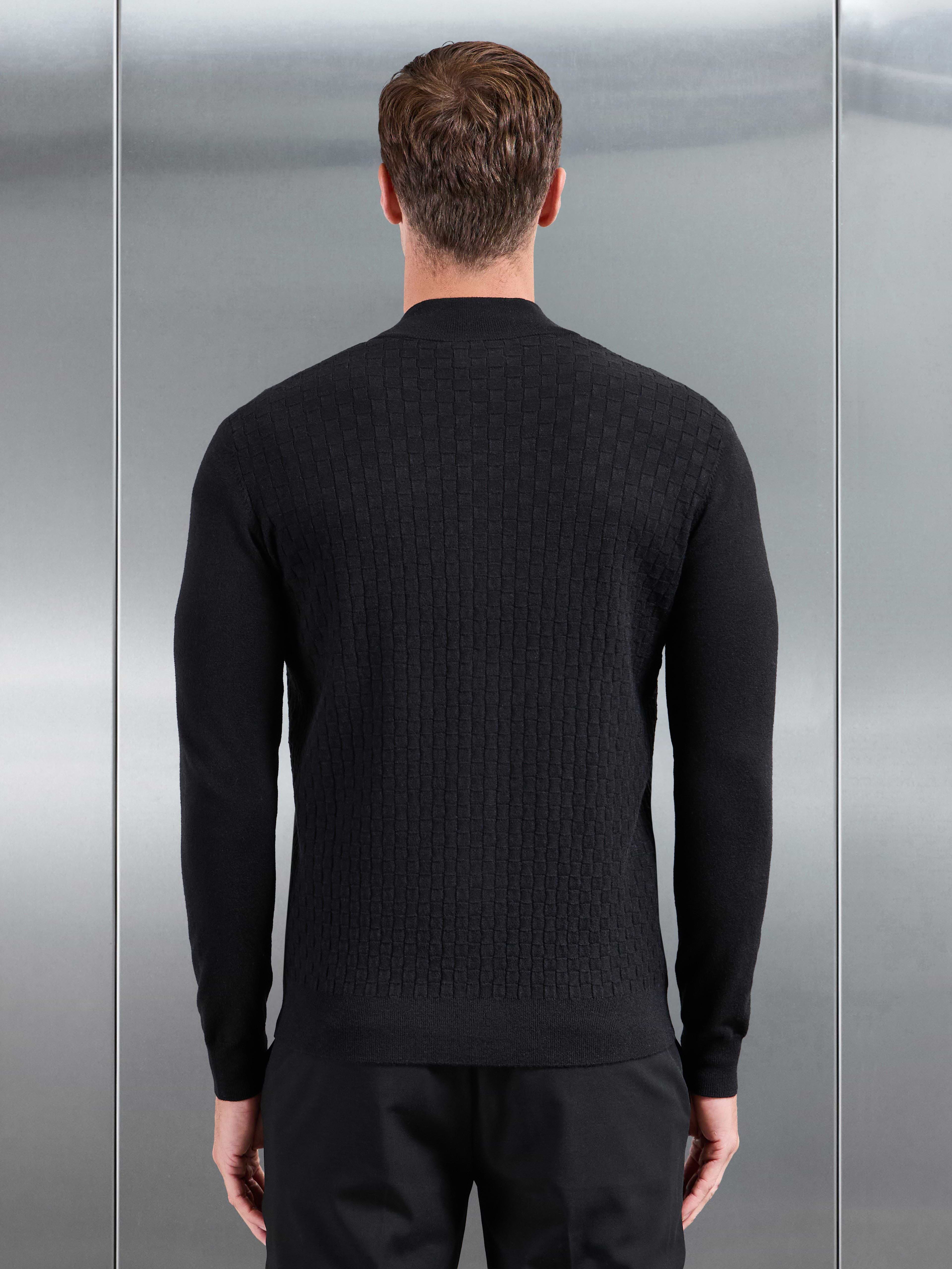 Square Textured Knitted Zip Jacket in Black