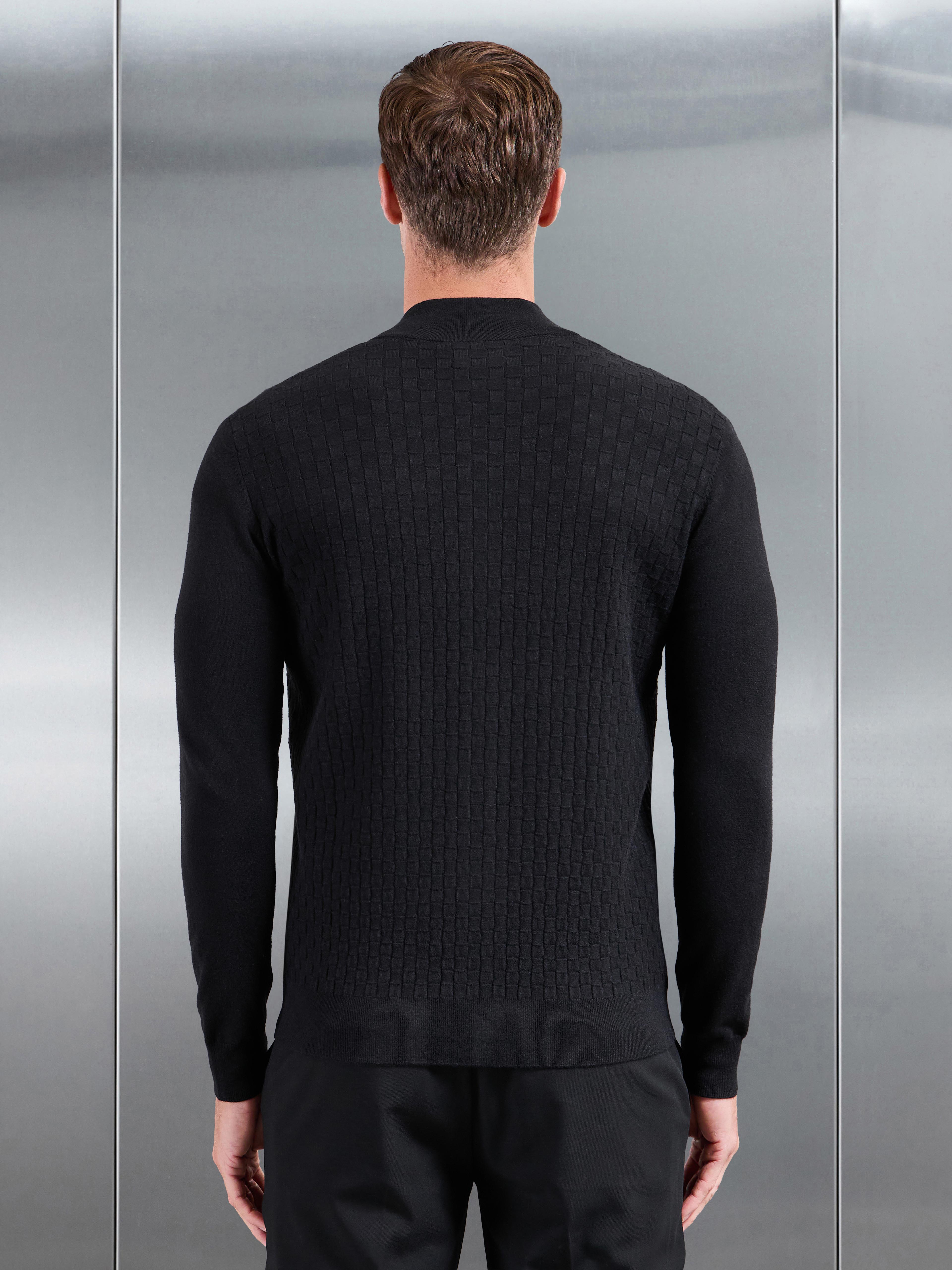 Square Textured Knitted Zip Jacket in Black